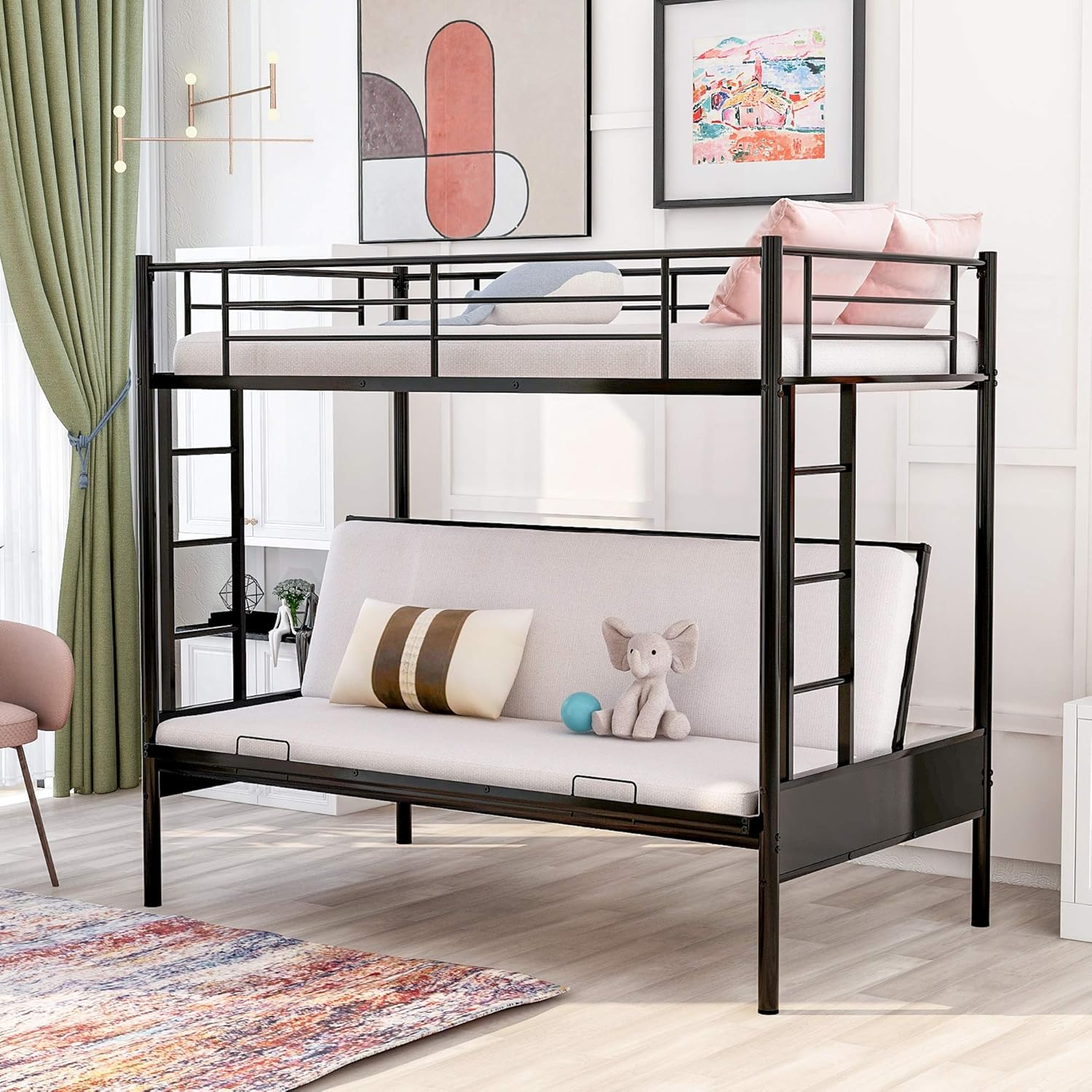 Rustic Twin Over Full Metal Bunk Bed, Convertible Twin Over Futon Bed, Black