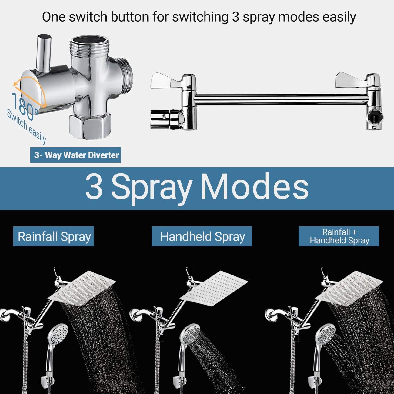 COSYLAND 8'' High Pressure Rainfall Shower Head Handheld Combo 9 Settings with 11'' Extension Arm 60