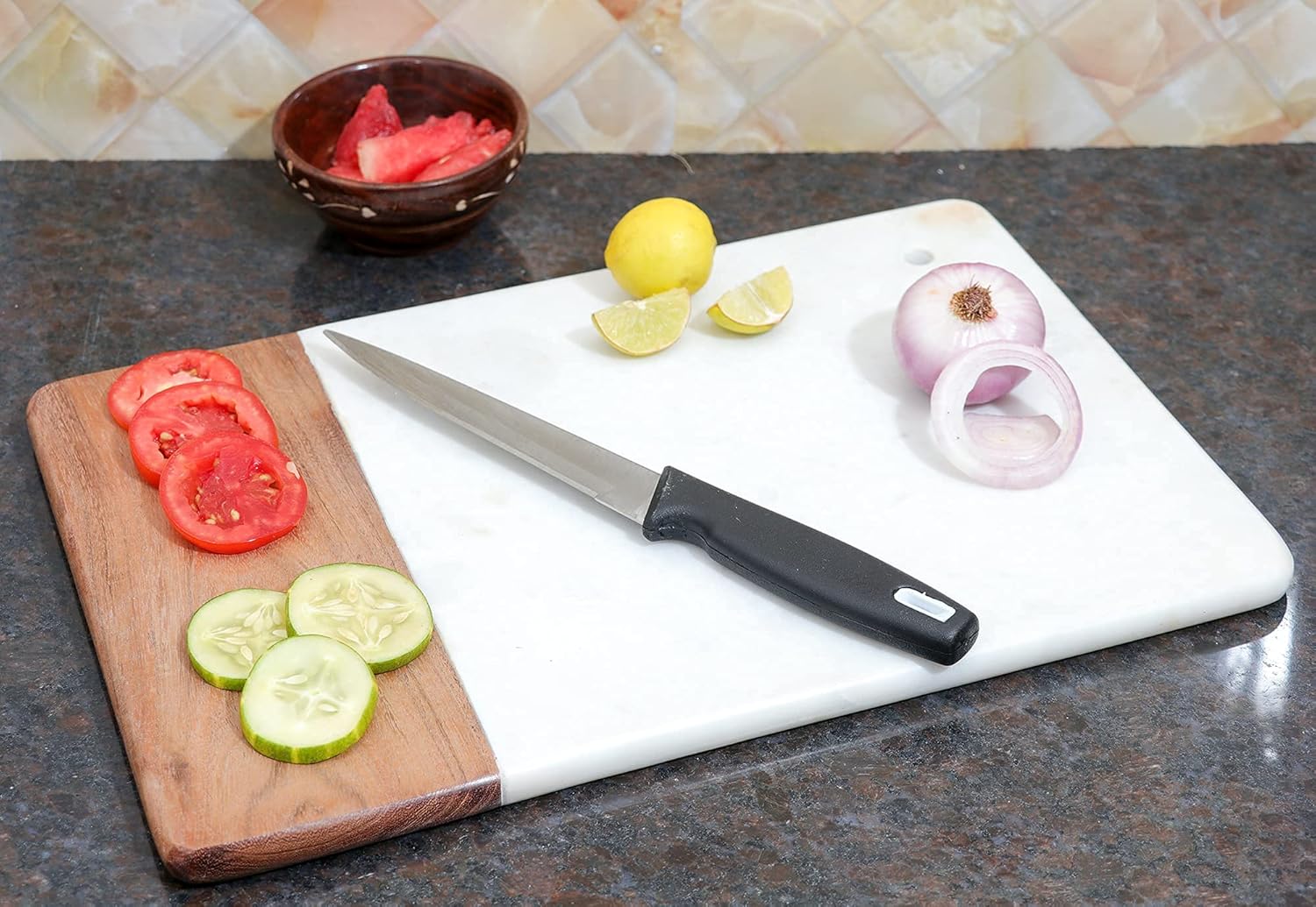 Crocon Natural White Marble And Wooden Chopping Board Big Square Shape Champagne Marbles Cutting Board Stylish Stone Cheese Board For Home And Kitchen Great Gift For Cooking Lover Size Lx38, Wx25Cm Pack of 2