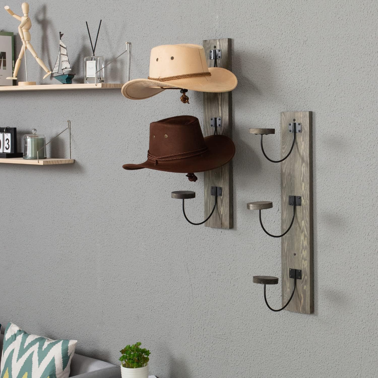 MyGift Wall Mounted Hat Rack, Vintage Gray Solid Wood and Black Metal Wire Vertical Hat and Coat Storage Hooks, Set of 2