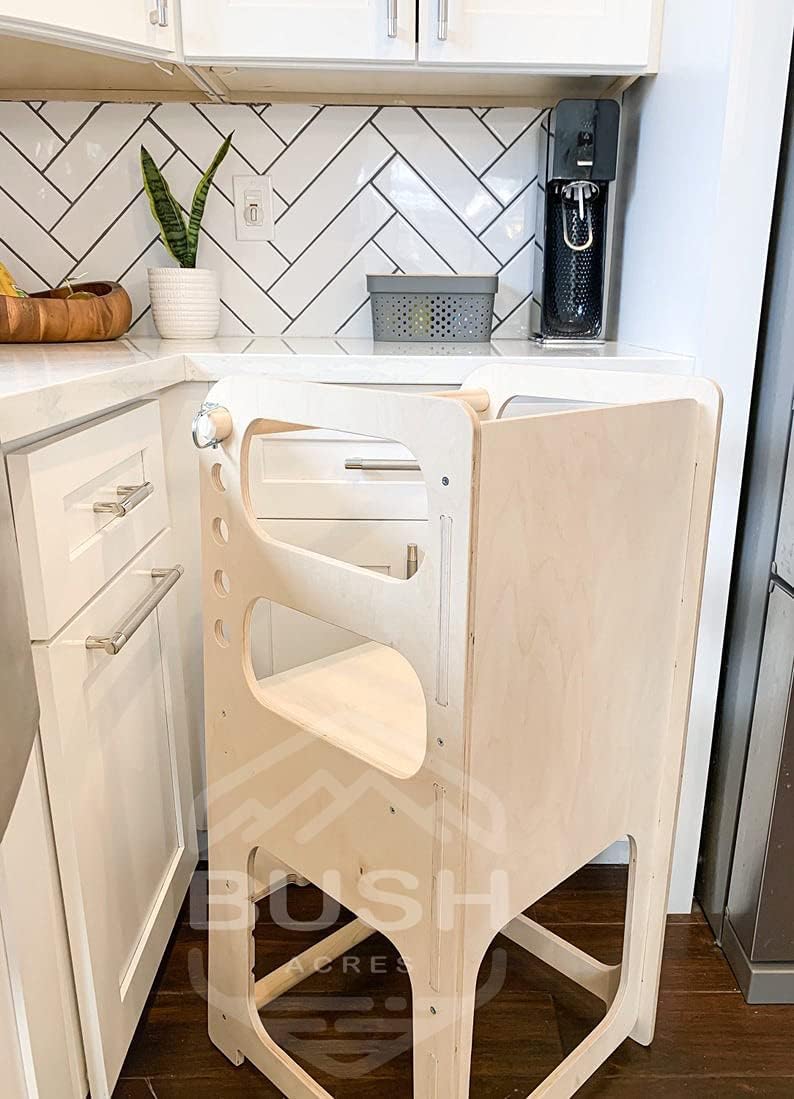 Bush Acres Kids Step Stool | Kitchen Helper Tower Toddler Stool | Montessori Wooden Furniture | Nursery Gift | Adjustable Learning Stool