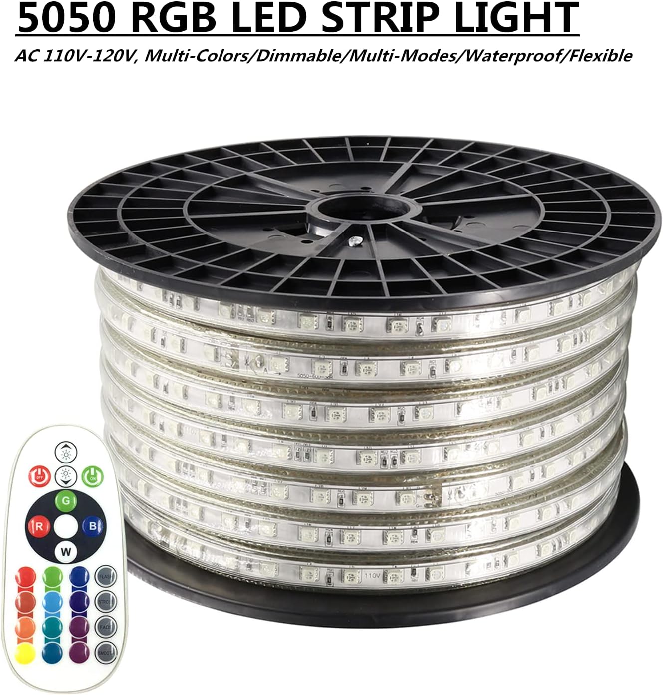 Mektov AC 110V Home Decoration 5050 RGB LED Strip Lights, Multi-Colors/Dimmable/Multi-Modes/Waterproof/Flexible LED Rope Light with Remote (164ft/50m, RGB)