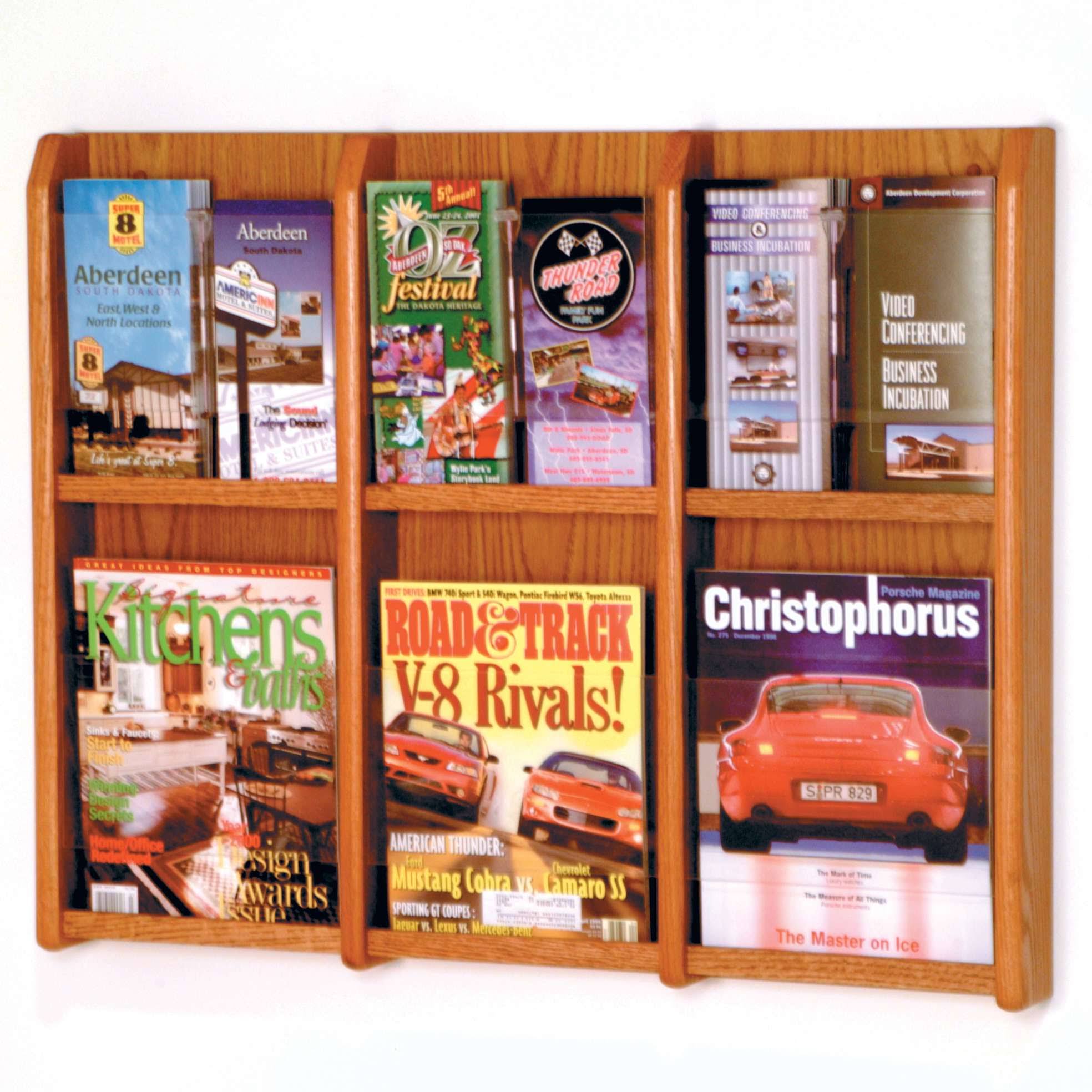 Wooden Mallet 6-Pocket Magazine/12 Pocket Brochure Wall Display Rack, Medium Oak
