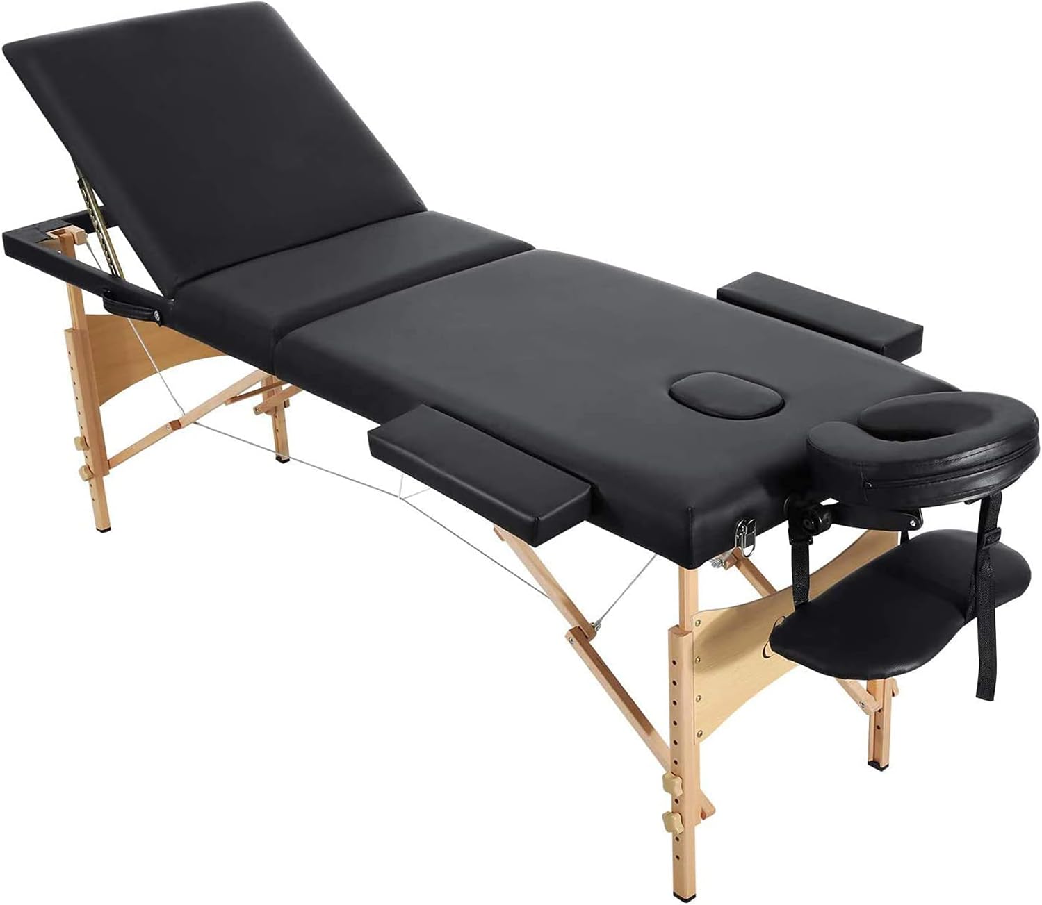 Massage Table Spa Bed Portable 3 Sections Wooden Legs with Face Hole Carrying Bag