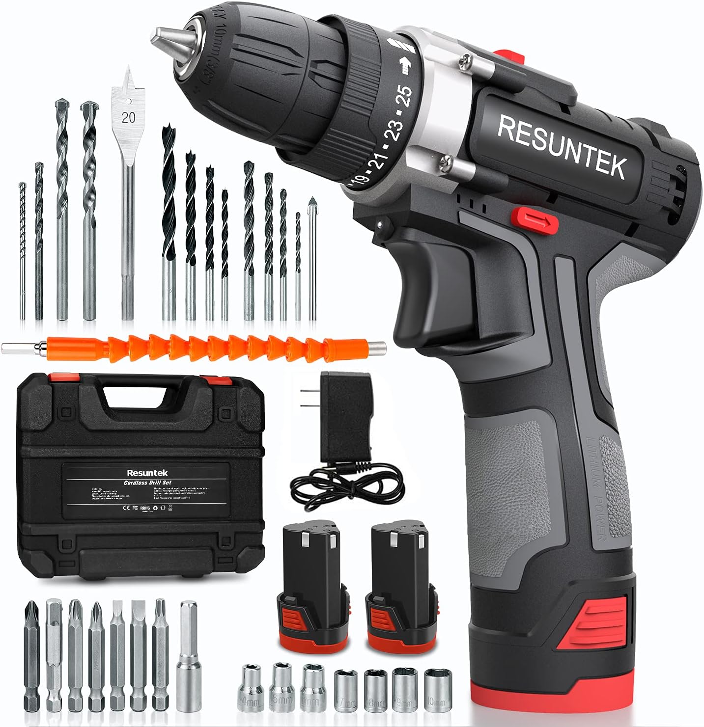Cordless Drill Driver Set with 2 Batteries, 12.8V Power Drill 28Nm 25+1 Clutch, 3/8 Keyless Chuck, Variable Speed, Built-in Led with 31Pcs Accessories