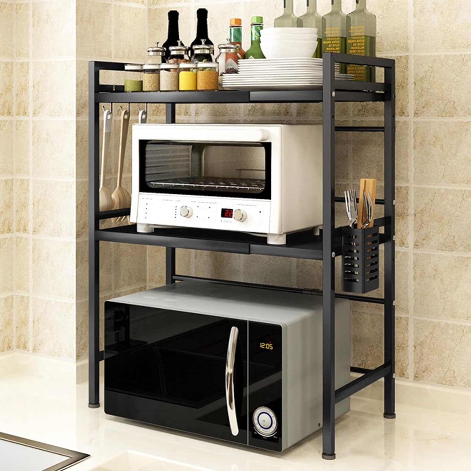 WHIFEA 3-Tier Adjustable 15.74''-23.62'' Heavy Duty Microwave Rack Horizontal Extension Kitchen Supplies Tableware Storage Stand Organizer with 3 Hooks for Home Office Carbon Steel Matte Black