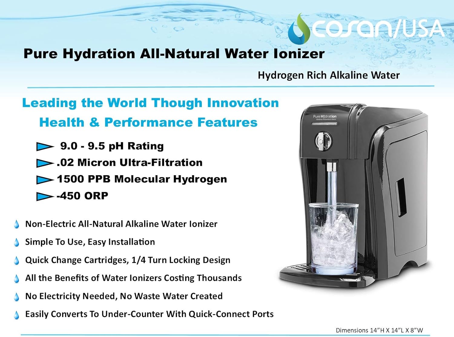Pure Hydration Alkaline Water Machine | Alkaline Water at Home for Only $.07 per Liter | Ideal pH & Loaded with Antioxidants | Ultra Filtration Removes 99.9% of Over 220 Water Contaminants