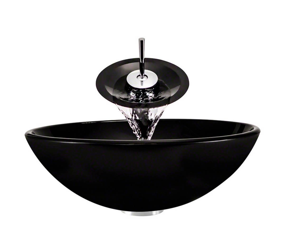Polaris P106 Black Bathroom Vessel Sink and Waterfall Faucet Ensemble, Chrome