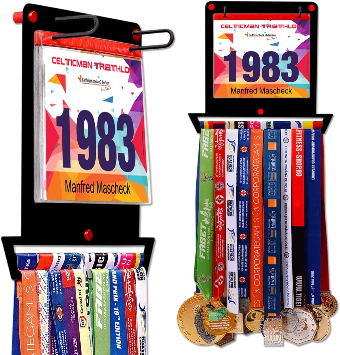 VICTORY HANGERS Medal Hanger for Runners | My Victories Race Bib Holder + Medal Rack | Square Shape | Complete Bundle Steel Medal Holder and Bib Hanger for 40+ Medals & 100 Runner Race Bibs