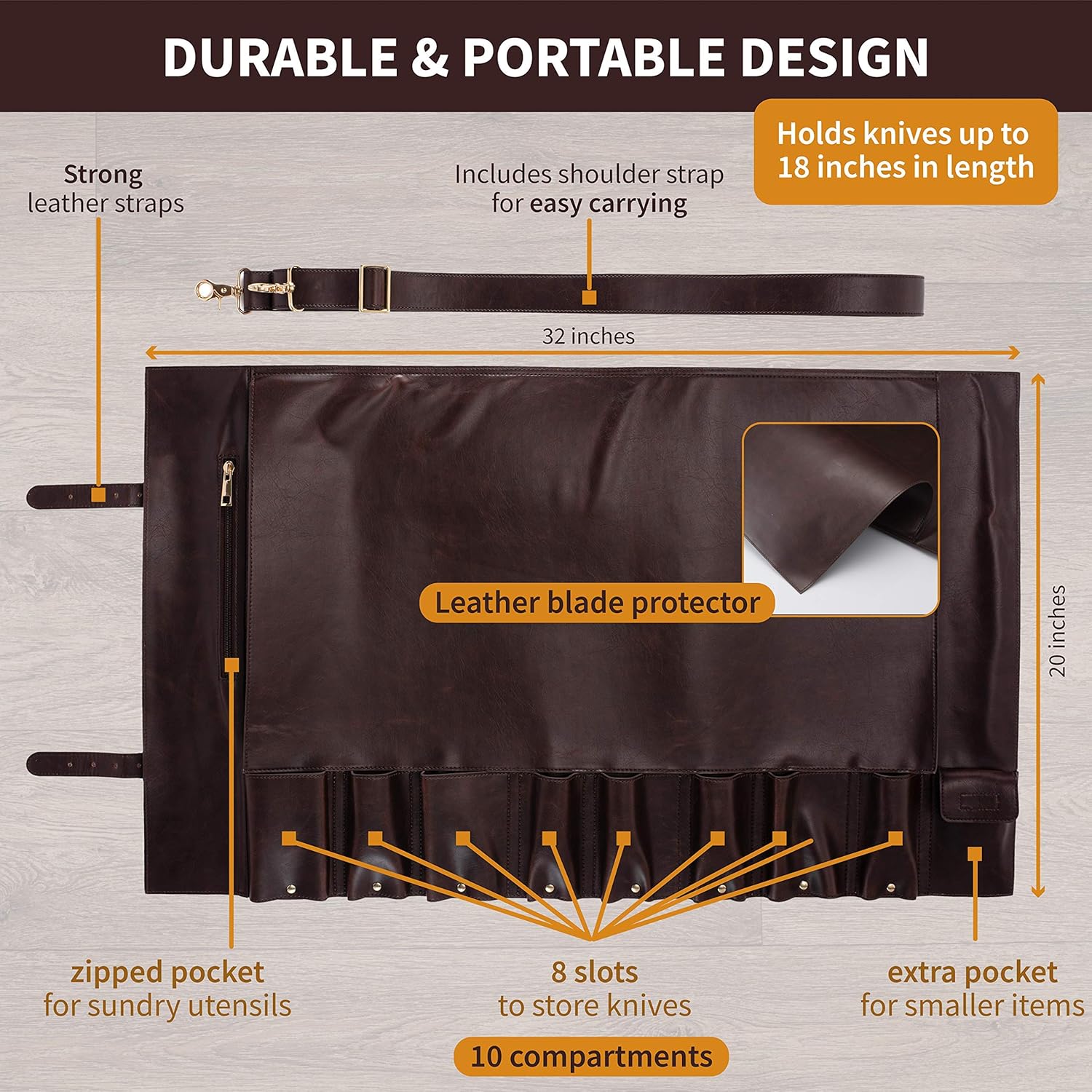 Minced Up Leather Knife Roll Storage Bag, 10 Pockets. Adjustable/Detachable Shoulder Strap. Travel Friendly Chef Knife Case Roll