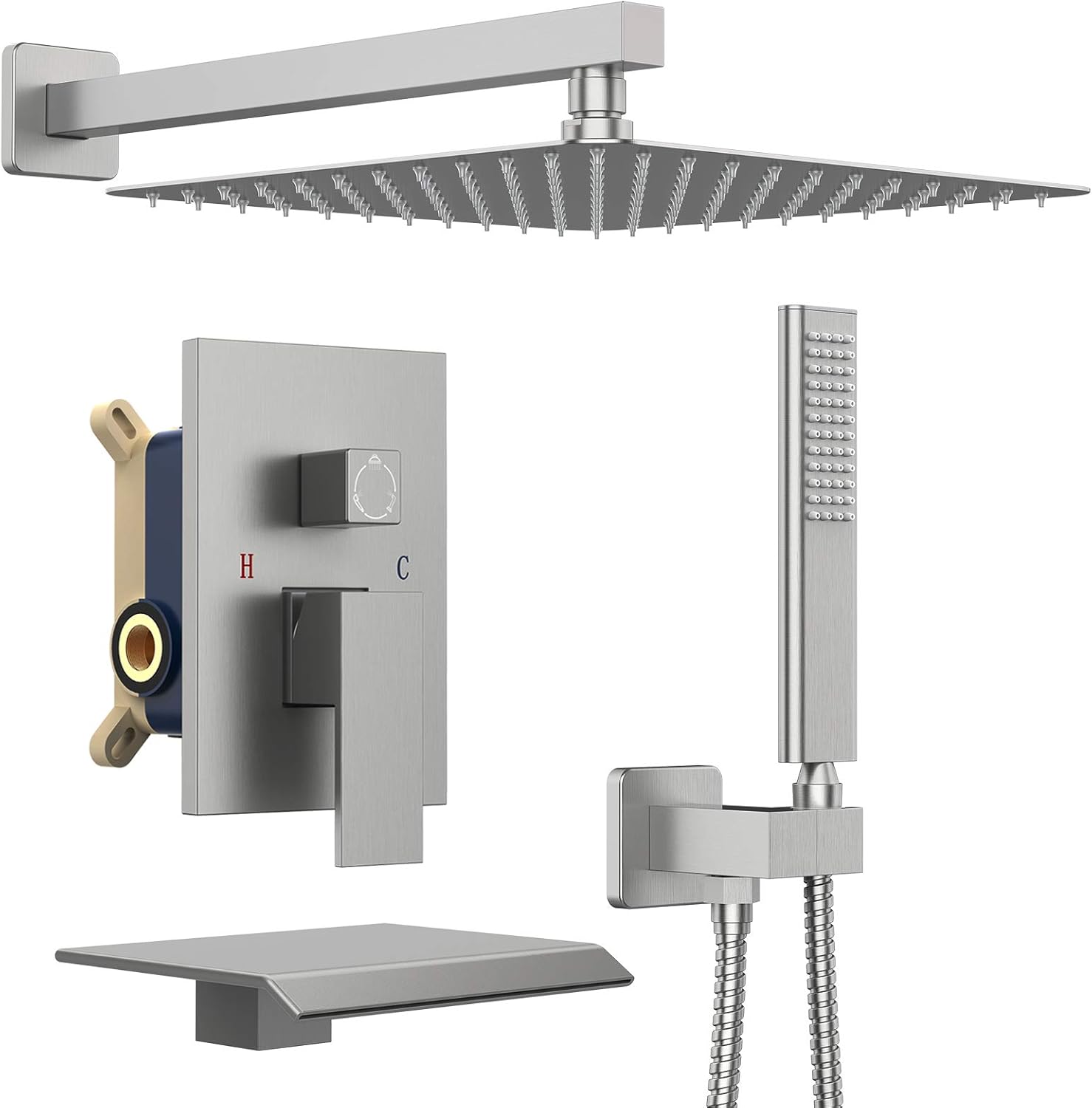 Iriber Shower System with Waterfall Tub Spout 3-Function Shower Faucet Set Shower Trim Kit with 12 Inch Rain Shower Head and Handheld, Matte Black