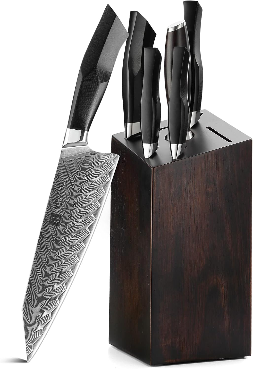 XINZUO Damascus Steel 7-Piece Kitchen Knife Set with Block Wooden and Honing Steel, Professional Chef Knife Set Santoku Carving Utility Paring Knife, Ergonomic G10 Black Handle -Feng Series