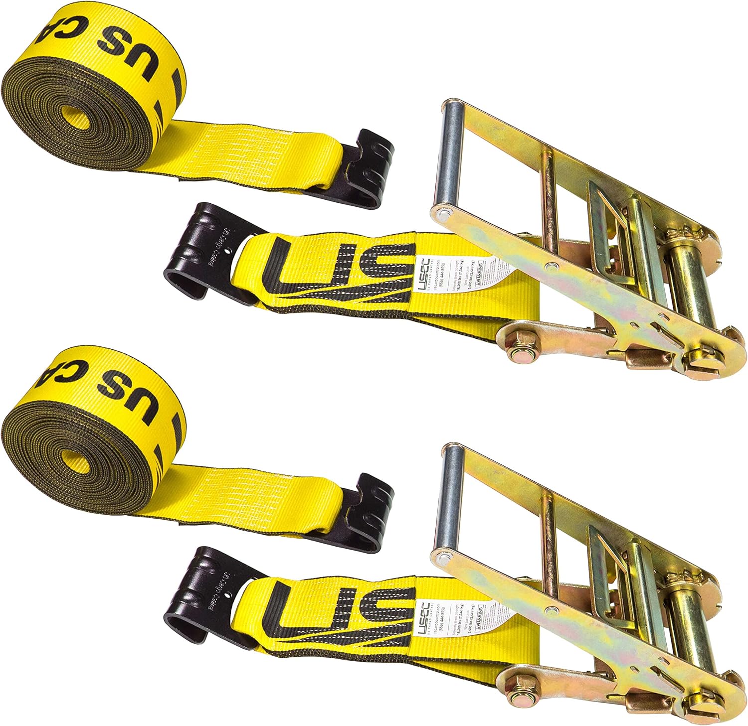 US Cargo Control 4 Inch x 27 Foot Yellow Ratchet Strap with Flat Hooks 2 Pack