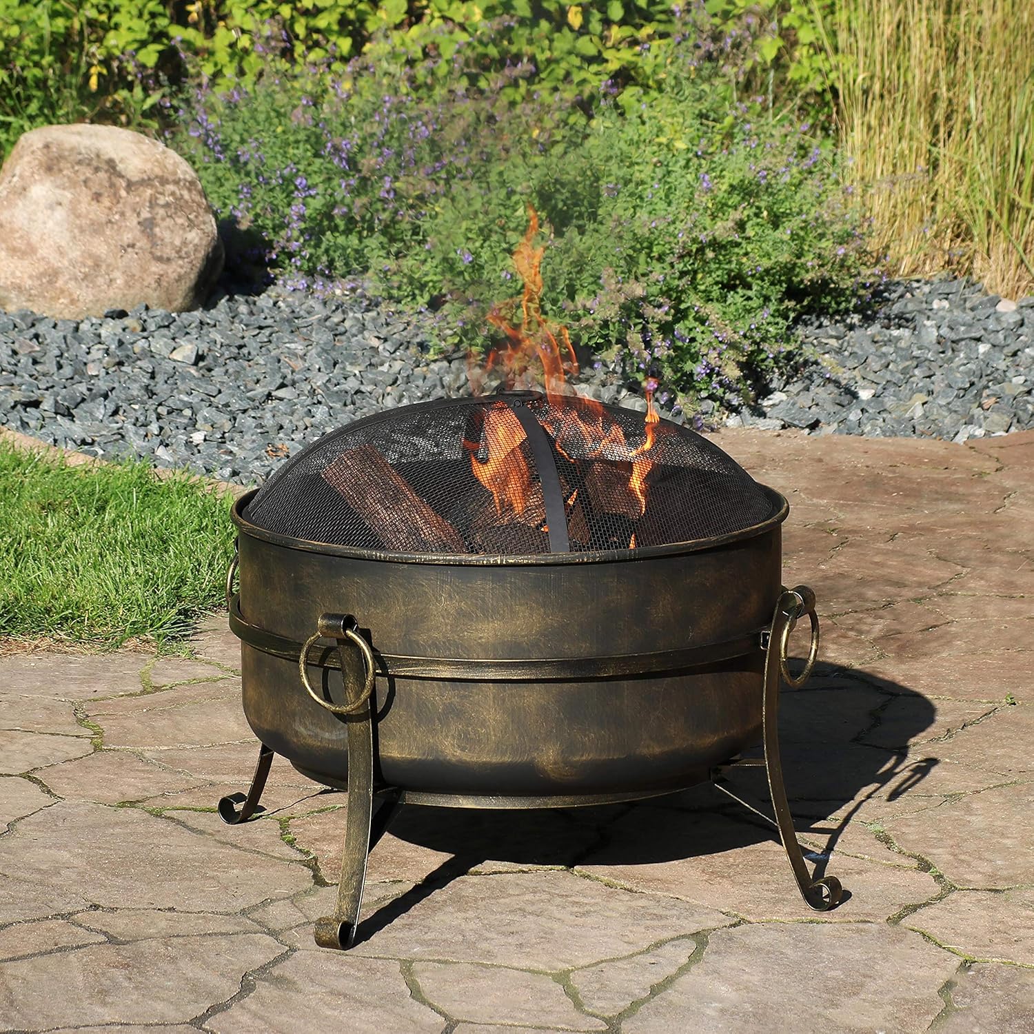 Sunnydaze Cauldron Outdoor Fire Pit - 24 Inch Deep Bonfire Wood Burning Patio & Backyard Firepit for Outside with Round Spark Screen, Fireplace Poker, and Metal Grate