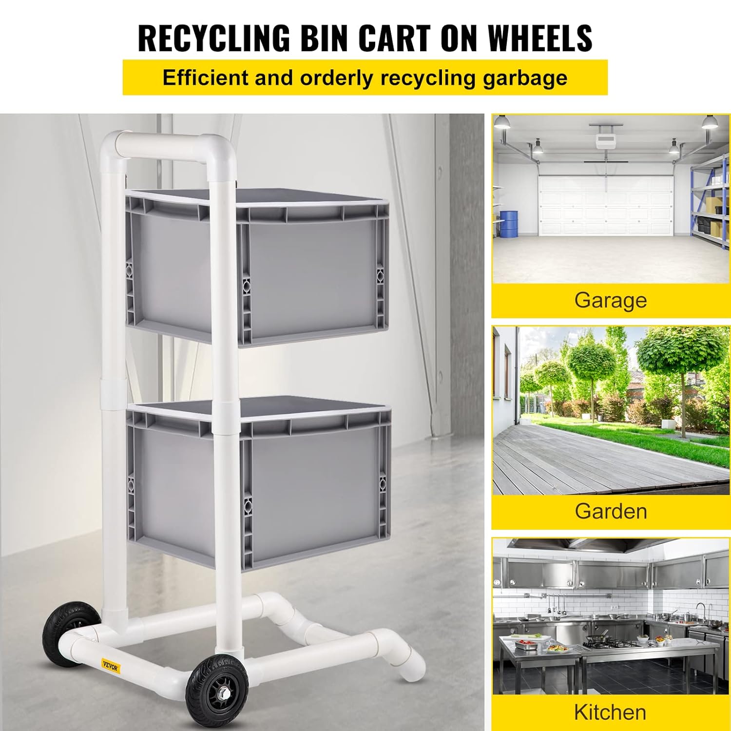 VEVOR Plastic Recycling Cart, 22.8 x 15.7 In Robust Moving Bin Cart Hook-Type with 2 Wheels, Easy Assembly & Weatherproof, Well-Built Trash Holder for Simple Recycle Bin and Caddy (Single Pack), White
