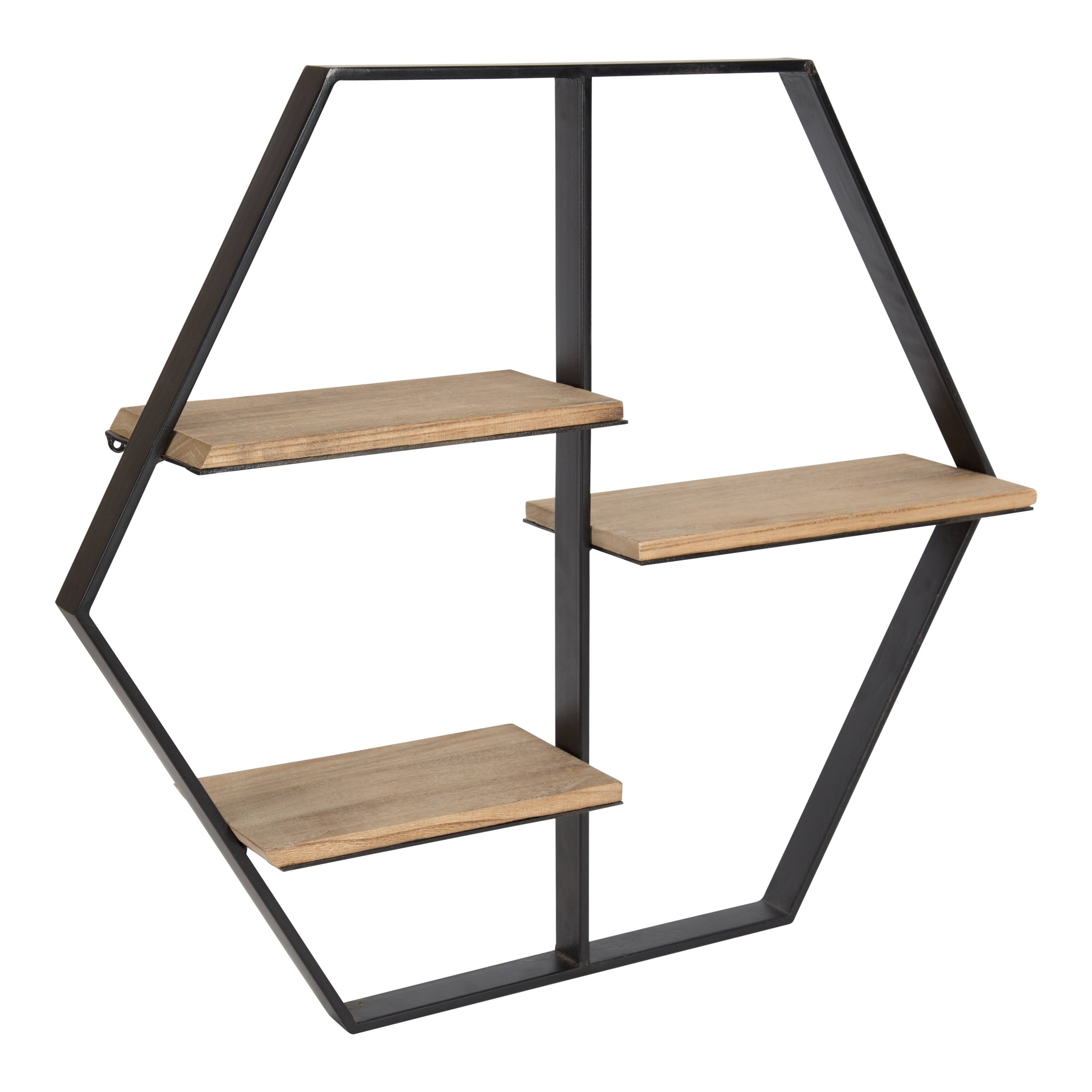 Kate and Laurel Ladd Hexagon Shaped Floating Wood Wall Shelf with Black Metal Frame, Brown