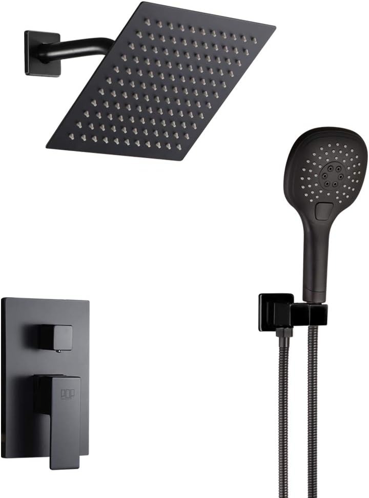 POP Black Shower System Bathroom Rainfall Shower Faucet Set Complete Wall Mounted 8 Inch Shower Head and Handle Set with Rough-in Valve Body and Trim Kit