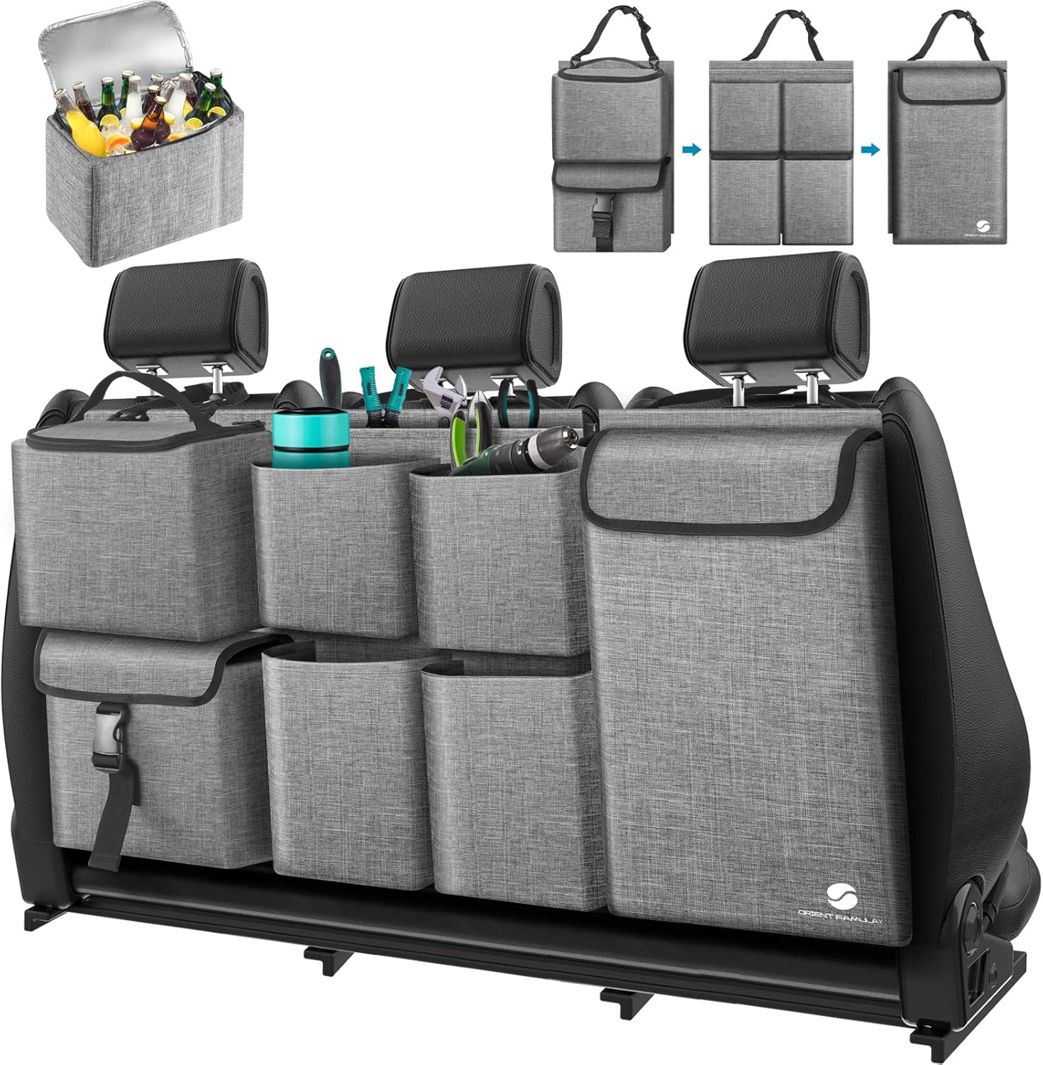 Car Trunk Organizer with Cooler, Hanging Car Organizers and Storage with Large Pockets, Zippers Detachable Seat Back Organizers Storage, Waterproof Car Storage Trunk Organizer for Jeeps, SUVs, Grey Pack of 2
