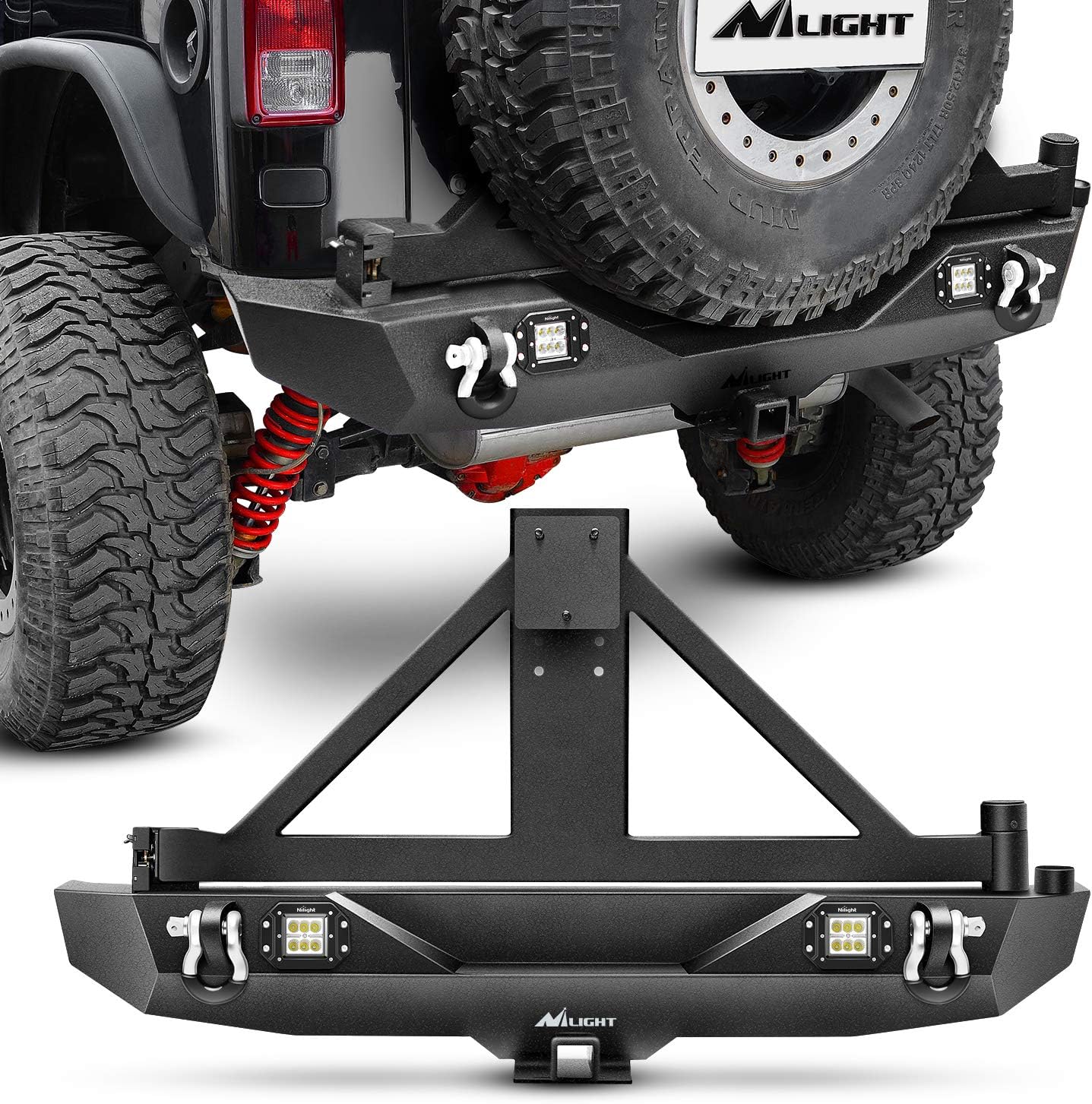 Nilight Rear Bumper & Spare Tire Rack & Hitch Receiver w/2 LED Lights Compatible for 2007-2018 Jeep Wrangler JK for 2007-2018 Jeep Wrangler JK & Unlimited