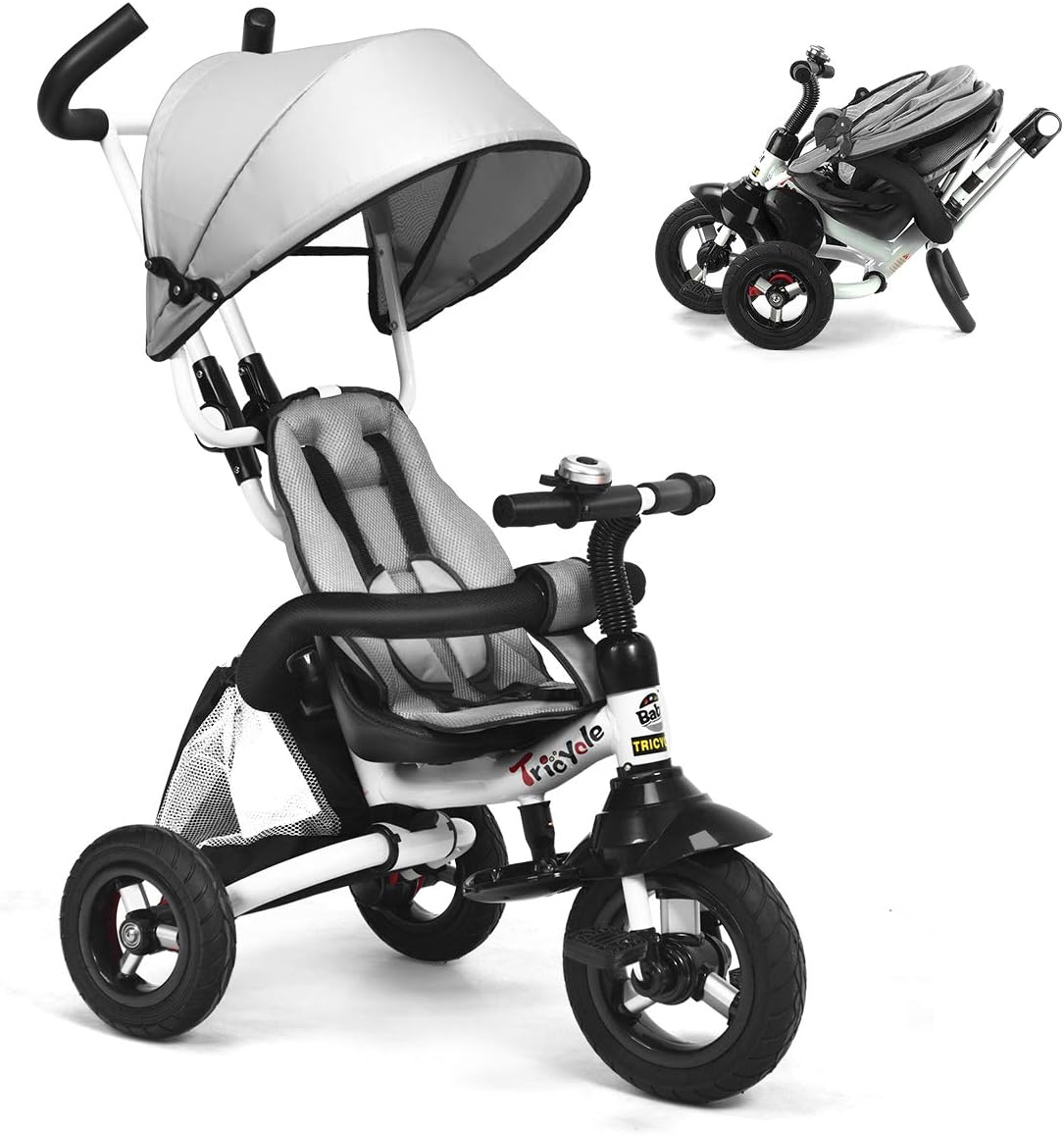Costzon Baby Tricycle, 6-in-1 Foldable Steer Stroller, Learning Bike w/Detachable Guardrail, Adjustable Canopy, Safety Harness, Folding Pedal, Storage Bag, Brake, Shock Absorption Design