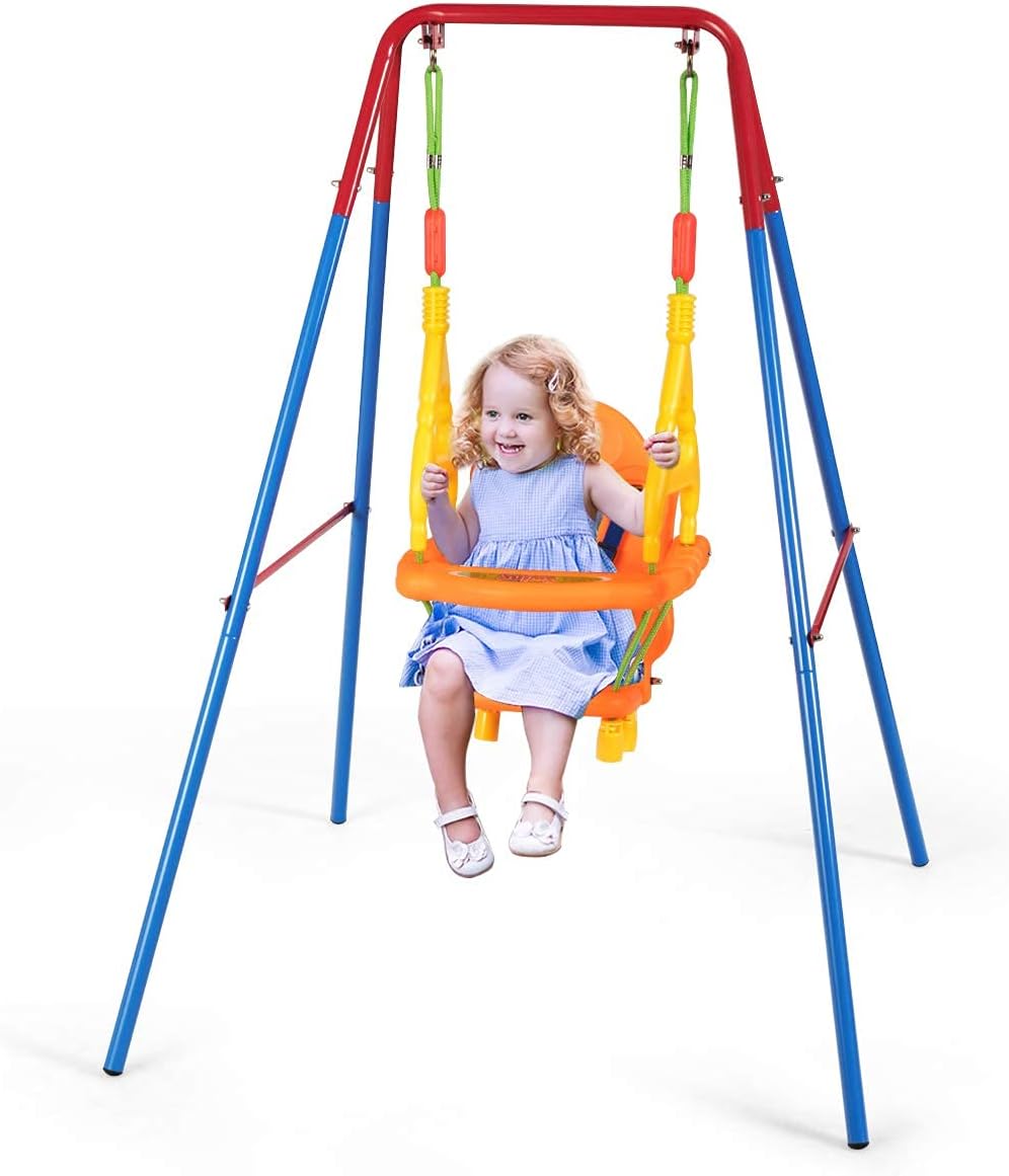 Costzon Toddler Swing Set, Outdoor A-Frame Swing for Backyard with Safety Harness and Handrails, Swing Stand Frame with Anti-Rust Frame for Outdoor Garden Backyard Kindergarten (Swing with Handrails)