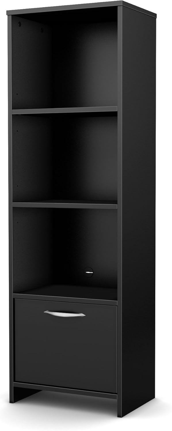 South Shore Narrow 3-Shelf Storage Bookcase with Door, Black, Pure