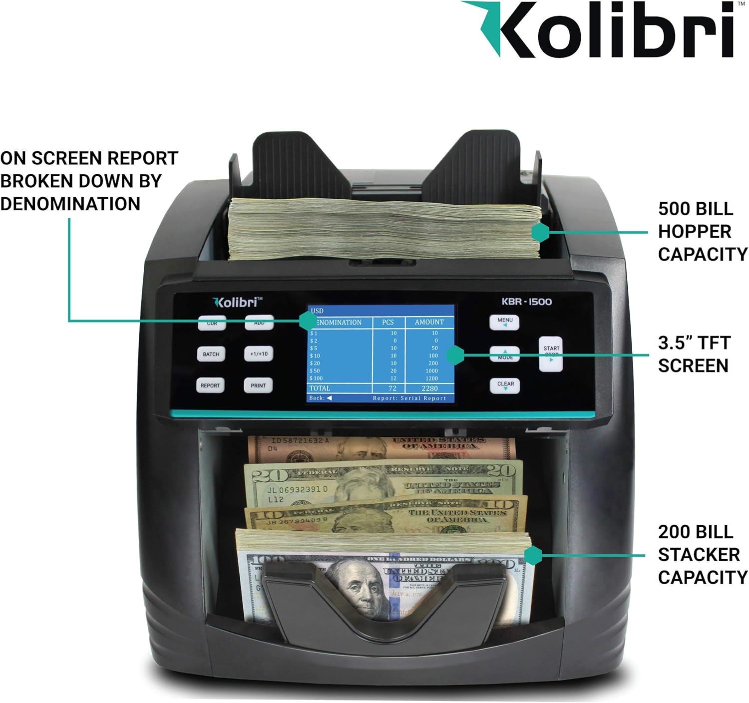 KBR-1500 Bank Grade Mixed Denomination Money Counter Machine, Sorter and Value Reader with Advanced Counterfeit Detection (UV/MG/MT/IR/2CIS), Multi-Currency (USD/CAD/MXN), Printing Enabled