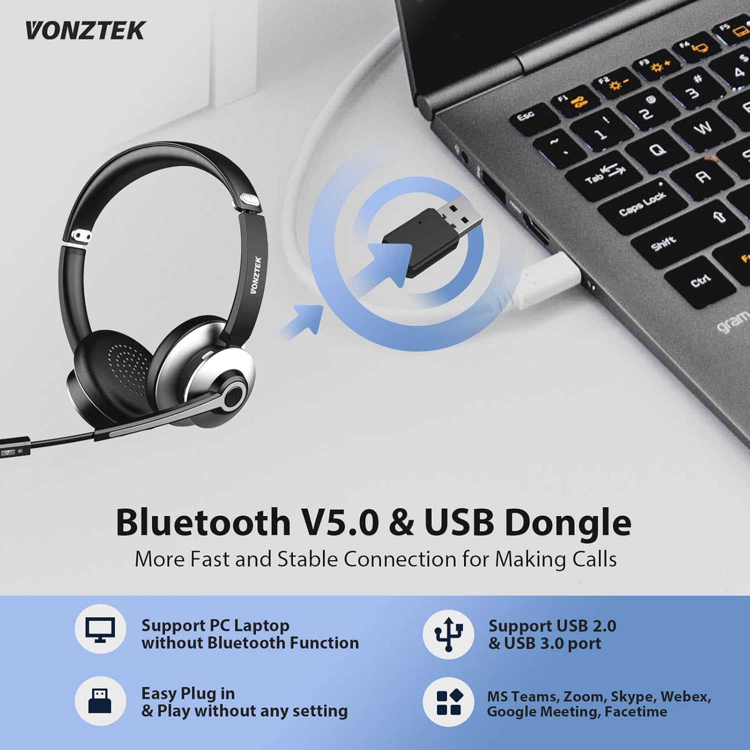 Bluetooth Headset with Microphone, Wireless Headphones with USB Audio Dongle, On Ear Headphones AI Noise Canceling Mic|26hrs Talktime|Mute Button|Plug & Play for PC/Mac/Laptop/Zoom/Skype/Ms Teams