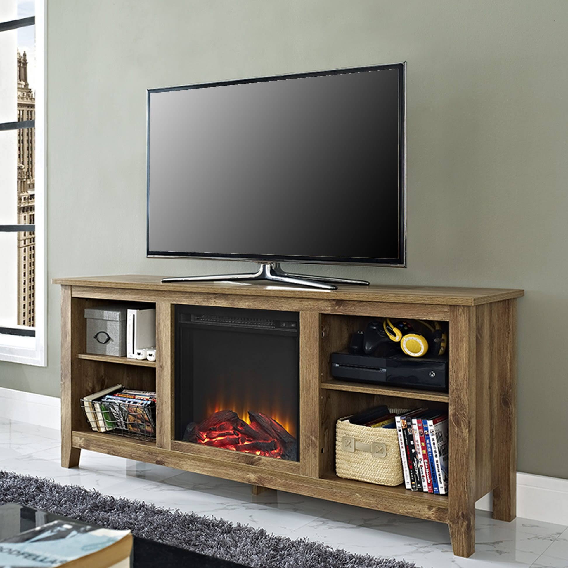 Walker Edison 58x22 Barnwood TV Stand with Fireplace Insert