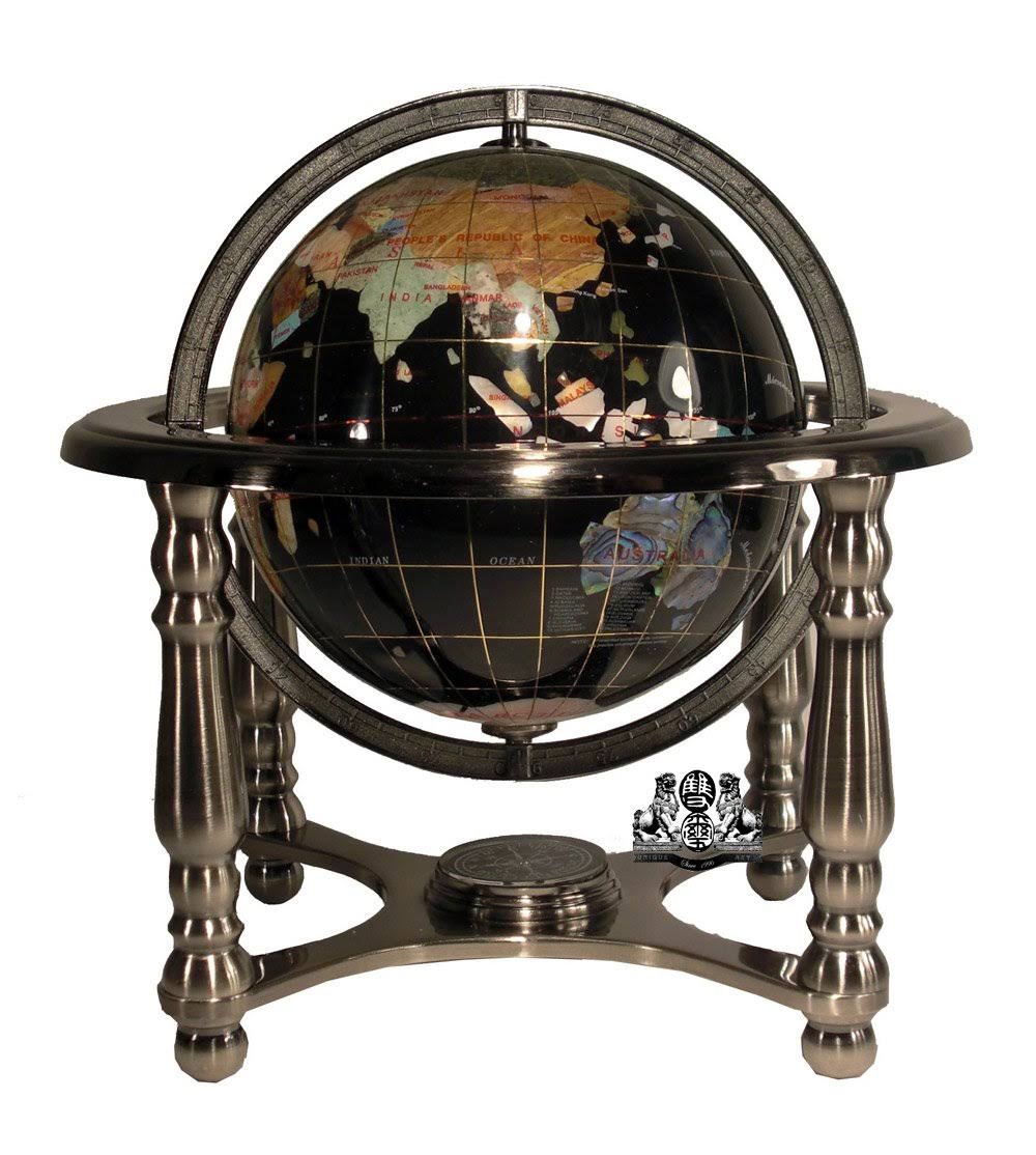 Unique Art 10-Inch Tall Black Onyx Ocean Gemstone World Globe with 4 Leg Silver Stand