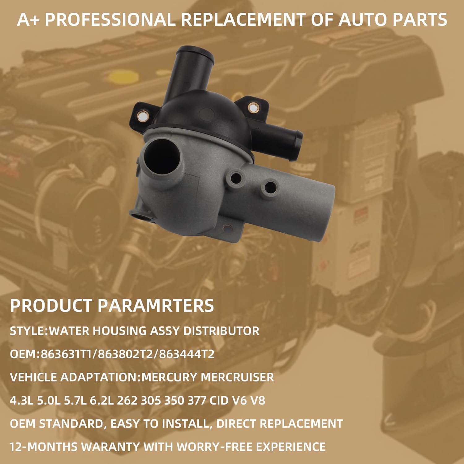 Dasbecan Water Housing Assy Distributor Replacement 863631T1 Compatible With Mercury Mercruiser 4.3L 5.0L 5.7L 6.2L 262 305 350 377 CID V6 V8 + Manual Drain Plugs