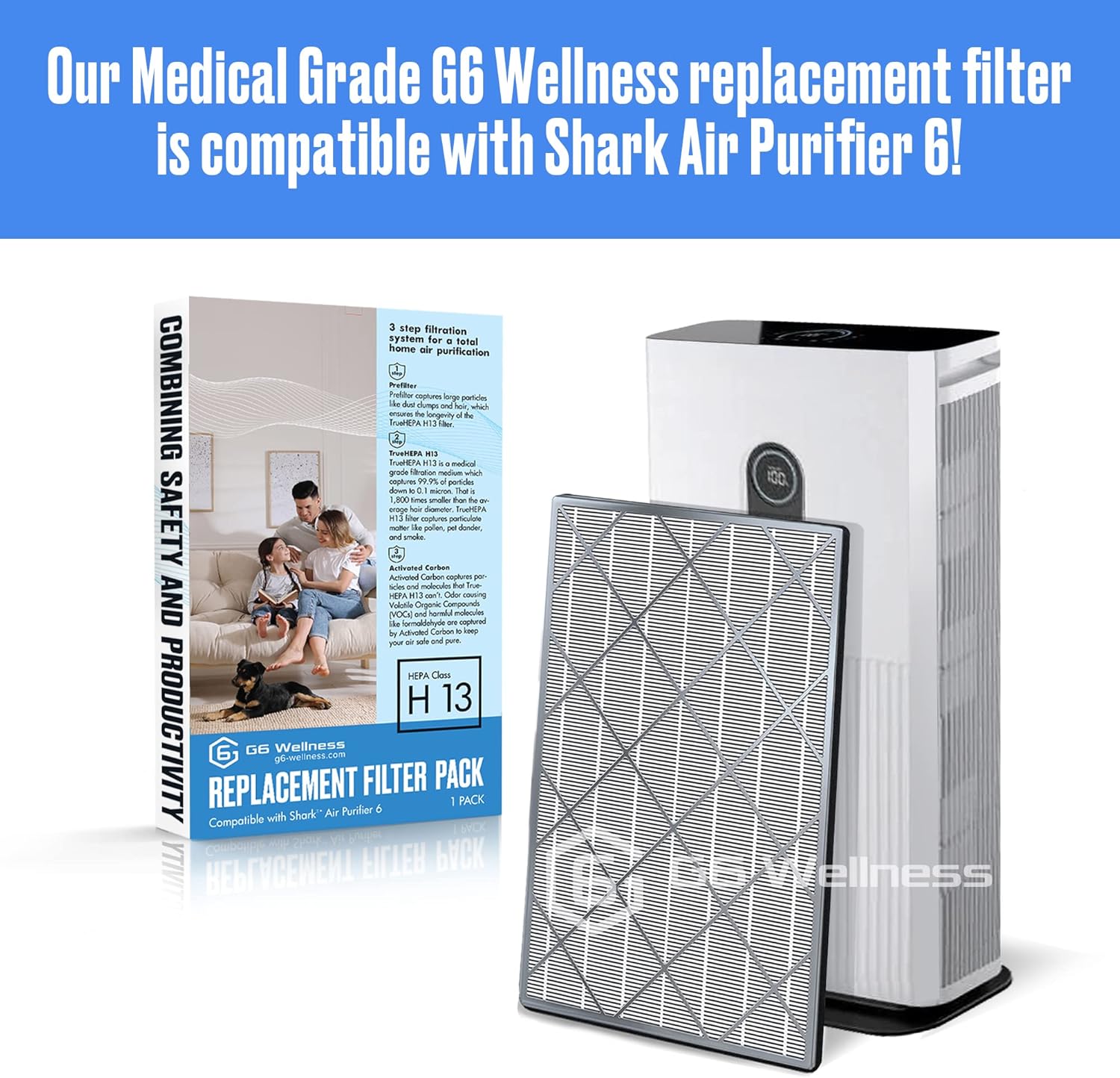 G6 Wellness H13 HEPA Replacement HE601 Filter Compatible with Shark HE6FKPET Air Purifier | 3 in 1 Filtration | Medical Grade True HEPA Filter H13 | Activated Carbon | Pre-Filter
