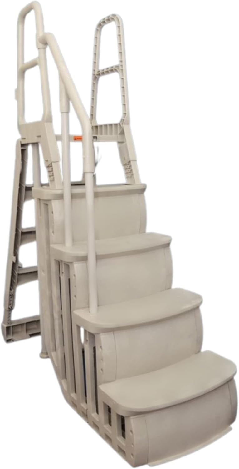 Main Access Smart Step System for 48 to 54 Inch Above Ground Pools, Heavy Duty Four Step Ladder A-Frame; Taupe