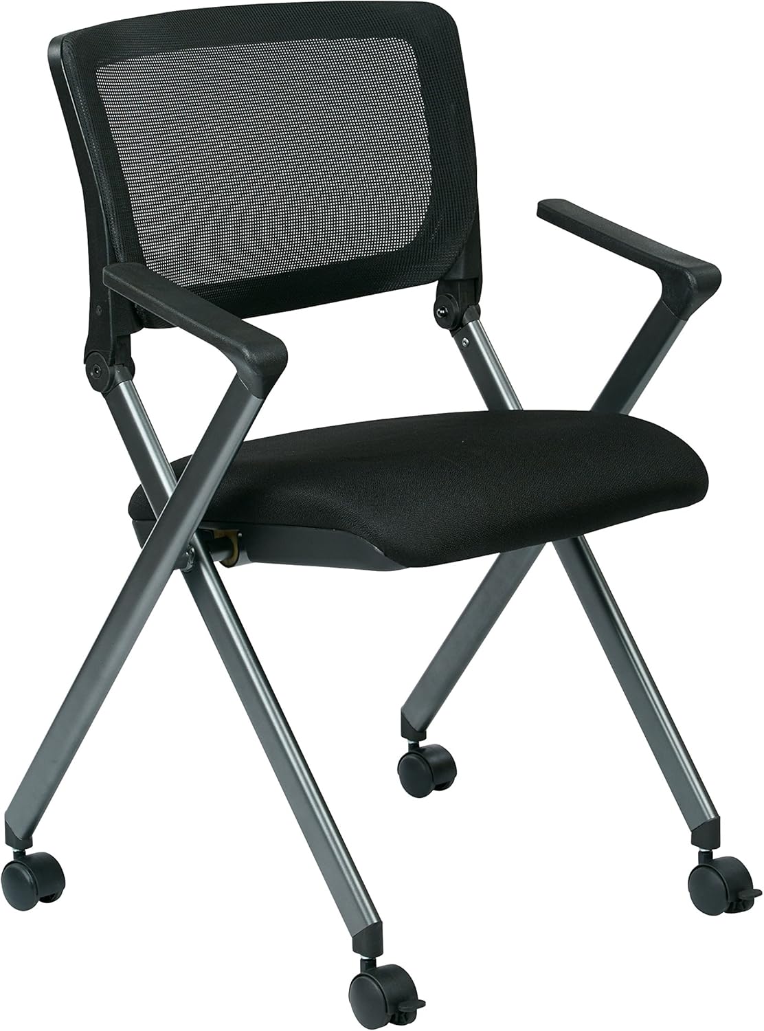 Office Star Breathable Flexible Mesh Back Folding Nesting Chair with Padded Fabric Seat and Casters, 2-Pack, Black with Titanium Frame