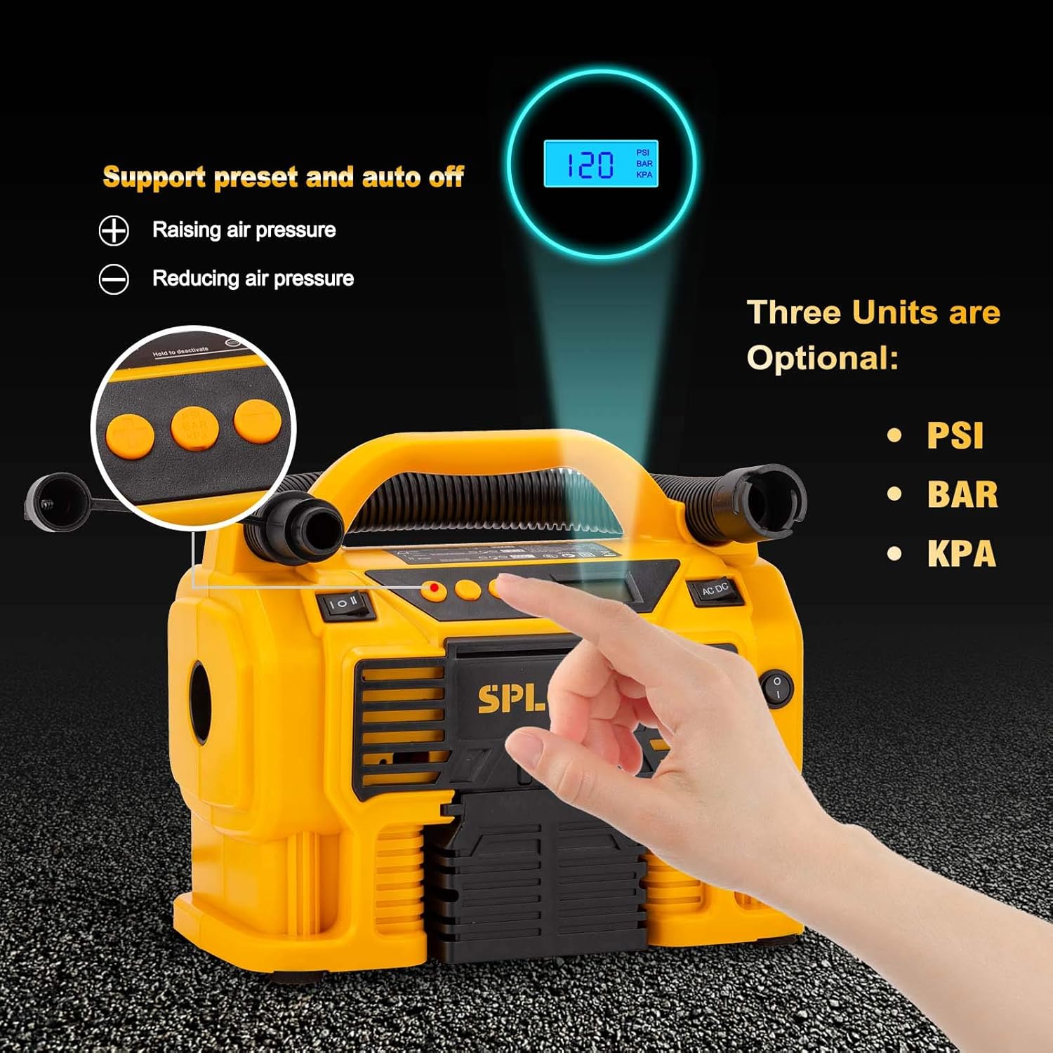 SPLOTY Air Compressor Tire Inflator, 110V AC or 12V DC Tire Compressor, 5 Extra Nozzles Compressor Tire Inflator, 11Bar/160Psi(Max) Electric Tire Inflator for Cars, Bicycles, Sport Balls, Air Bed Etc. Pack of 2