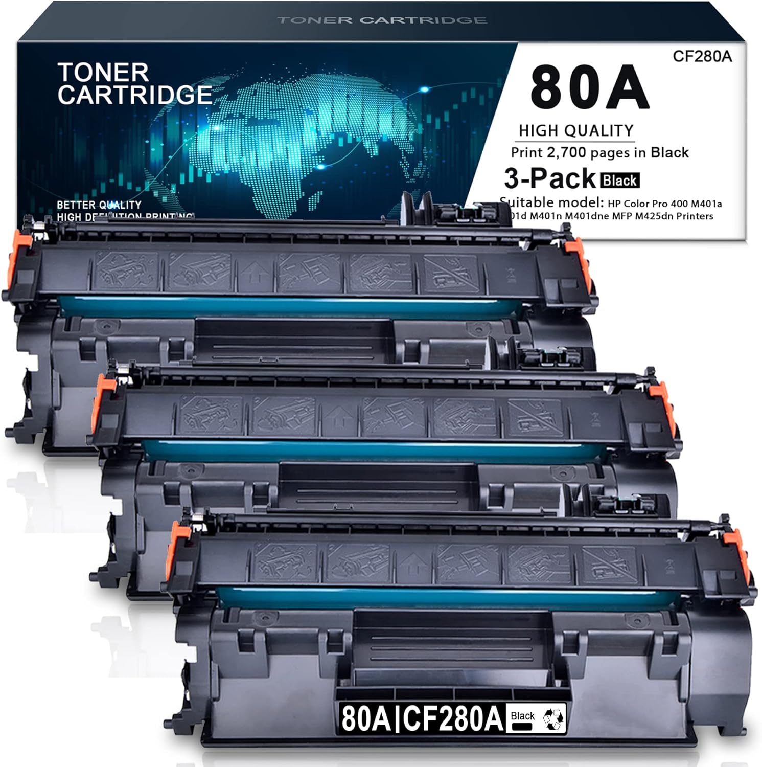 (3 Pack,Black) Compatible Toner Cartridge 80A | CF280A Replacement for HP Color Pro 400 M401a M401d M401n M401dne MFP M425dn Printers Toner -by Sulfuink