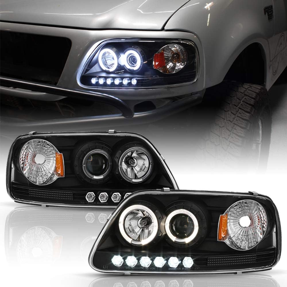 ACANII - For 1997-2003 Ford F150 1997-2002 Expedition Black LED Dual Halo Ring Projector Headlights Headlamps Left+Right