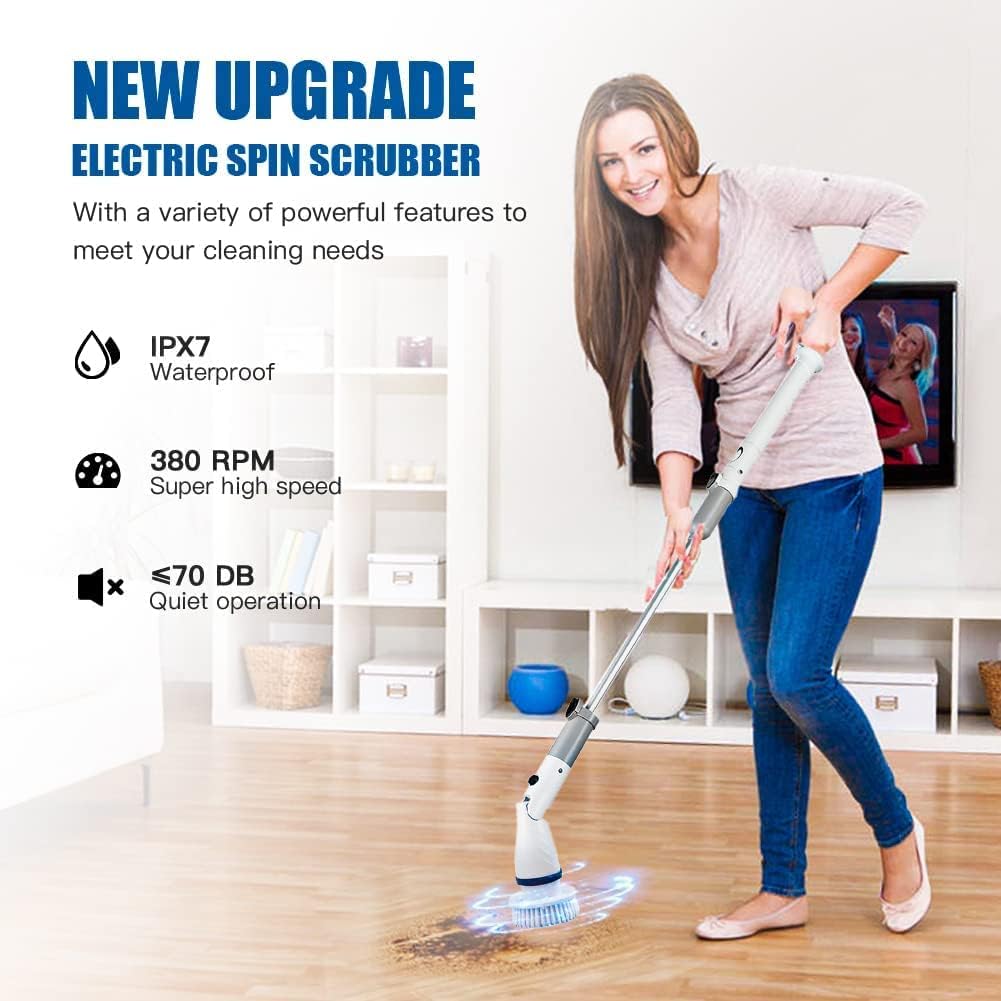 Electric Spin Scrubber, Cordless Electric Cleaning Brush with 4 Replaceable Brush Heads and Adjustable Extension Handle, Multi-Purpose Electric Scrubber for Bathroom, Kitchen, Tub, Tile, Window