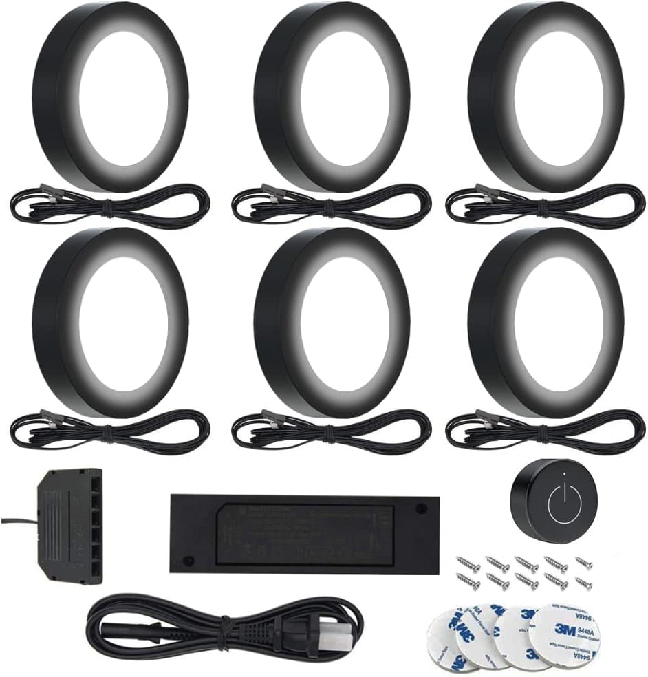 VST Under Cabinet Lighting 12V 2W(12W Total, 60W Equivalent) ETL Listed, Wireless Dimmer Switch, Recessed or Surface Mount Wiring Puck Light for Kitchen,Wardrobe, Showcase Display 6 Pack Black 4000K