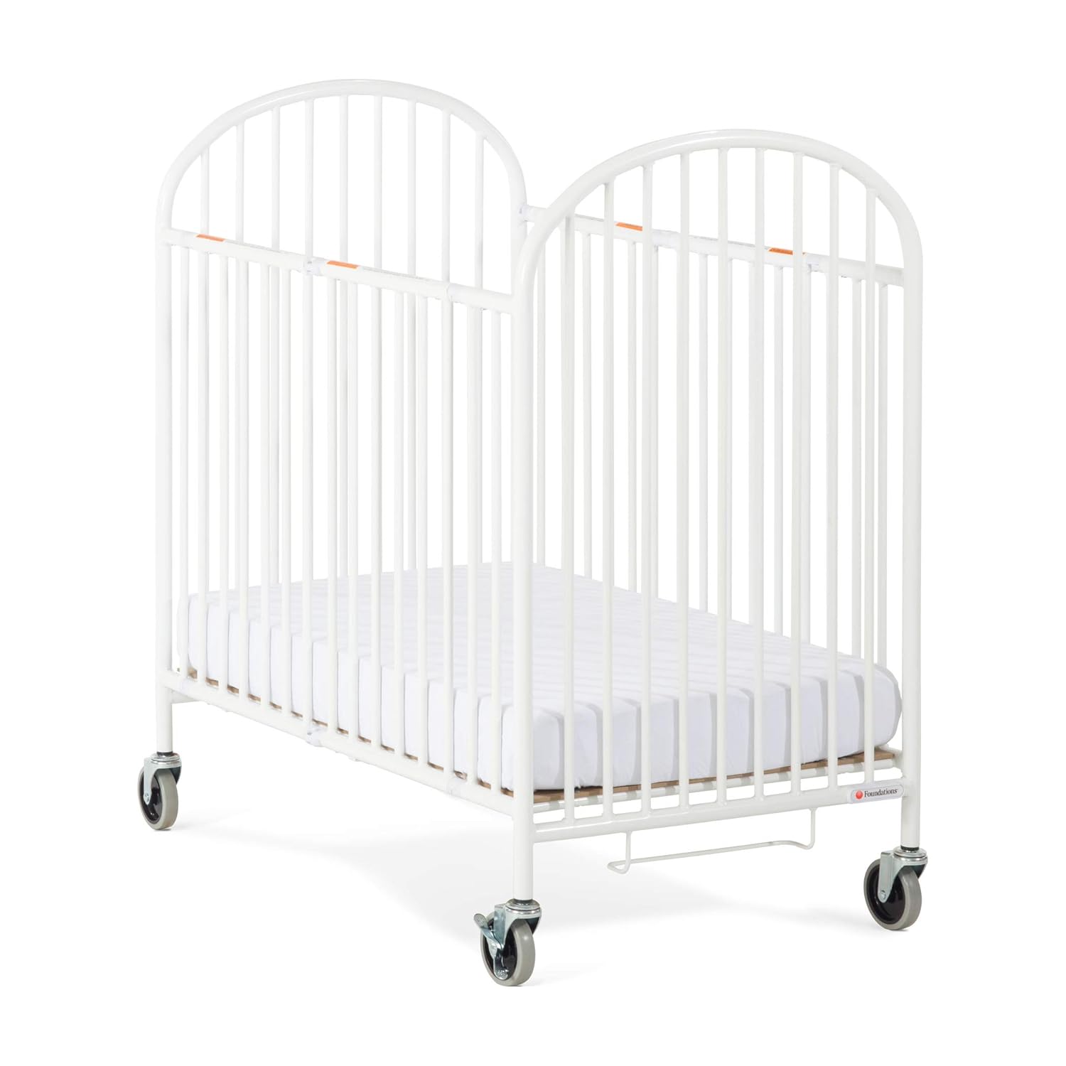 Foundations Pinnacle Compact Folding Metal Crib with Oversized Casters, Includes 4 Inch Foam Mattress, White