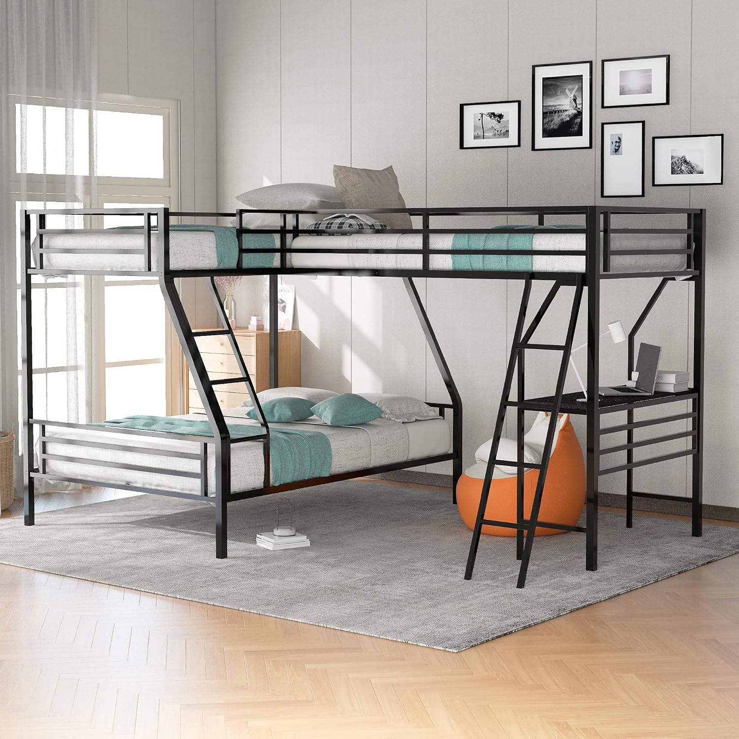 Polibi L-Shaped Metal Corner Bunk Bed with Two Ladders, Twin Over Full Bunk Bed with Twin Loft Bed and Desk, Black