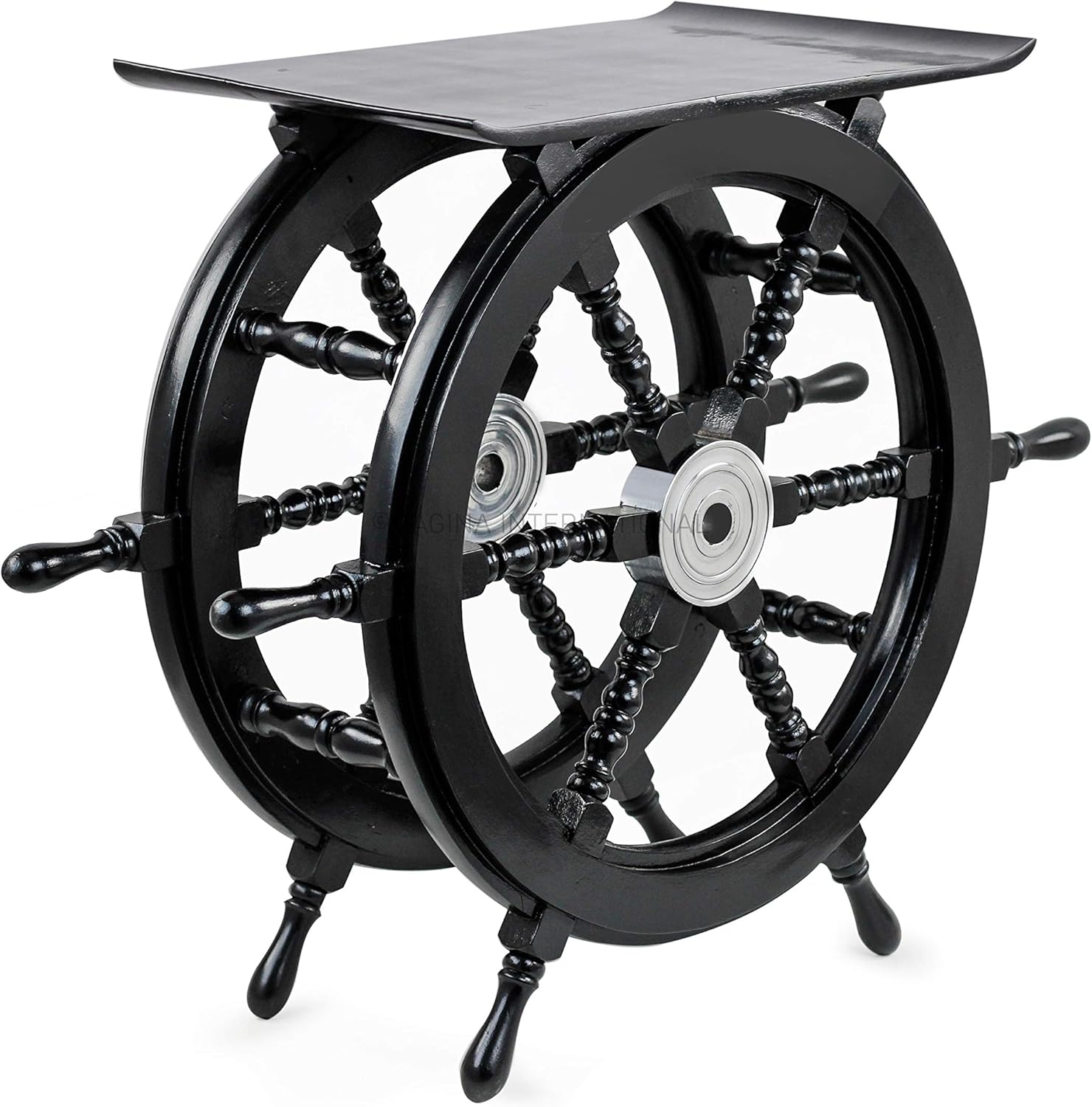 18 in. Teak Black Ship Wheel Table ships helm steering wheel stool - side table - wood