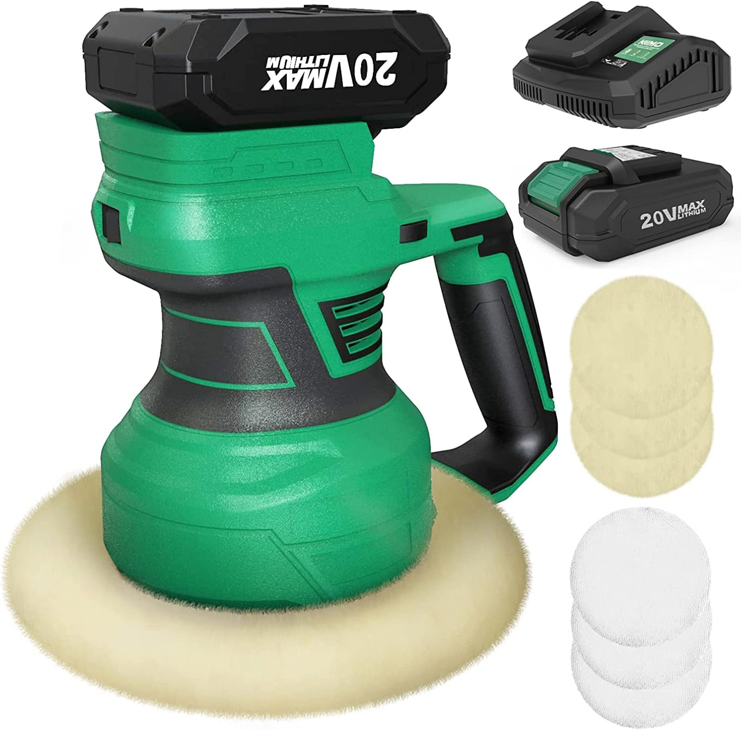 KIMO Cordless Polisher, 20V 7Inch Random Orbital Polisher w/ 6 Variable Speed, 6 Pads, Dual Action Car Buffer Polisher for Car Detailing/ Scratches Removing/ Car Waxing/ Home Appliance