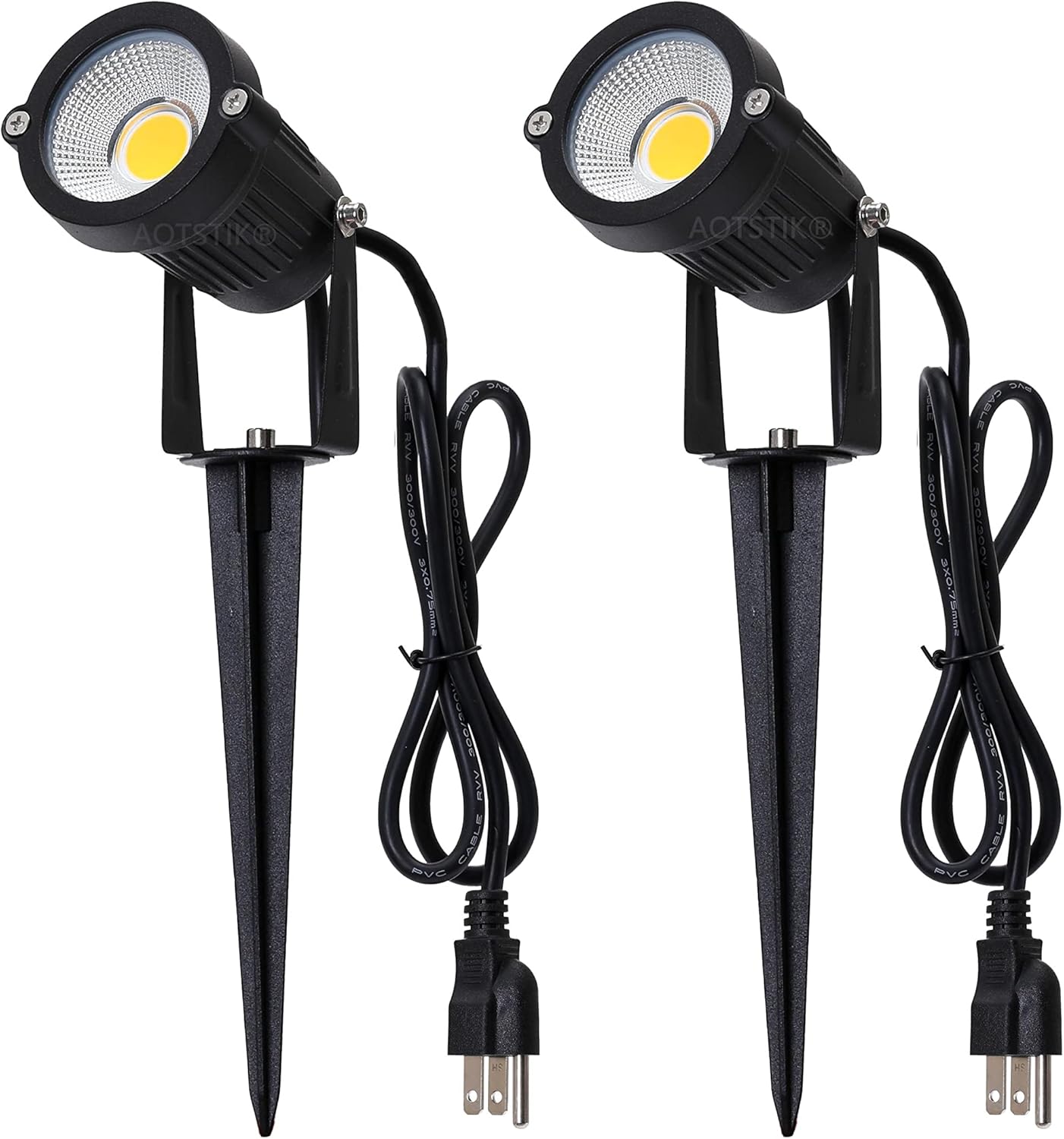 AOTSTIK Outdoor LED Spotlights 5W, 120V AC, 3000K Warm White, Outdoor Use, Metal Ground Stake, Flag Light, Outdoor Spotlight with Stake, UL Cord 3-ft with Plug , Pack of 2