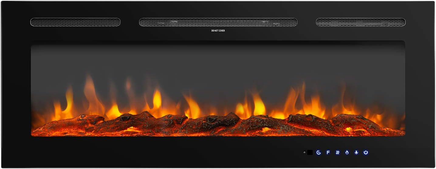 AuAg 60 inch Electric Fireplace 1500/750W Wall Mounted and Built LED Heater Room heaters with Remote Control Temperature Adjustable Timer Multifunction 9 Flames Settings Log & Crystal 2 Decorations