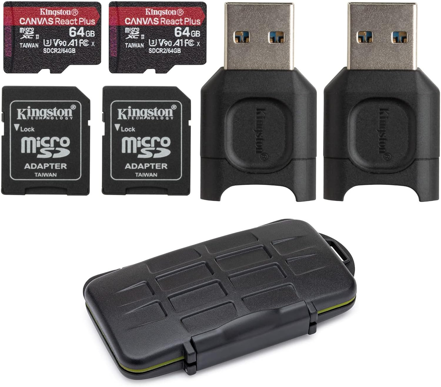 Kingston 64GB Canvas React Plus V90 UHS-II microSDXC Card with Adapter and Reader (2-Pack) and Memory Case Bundle