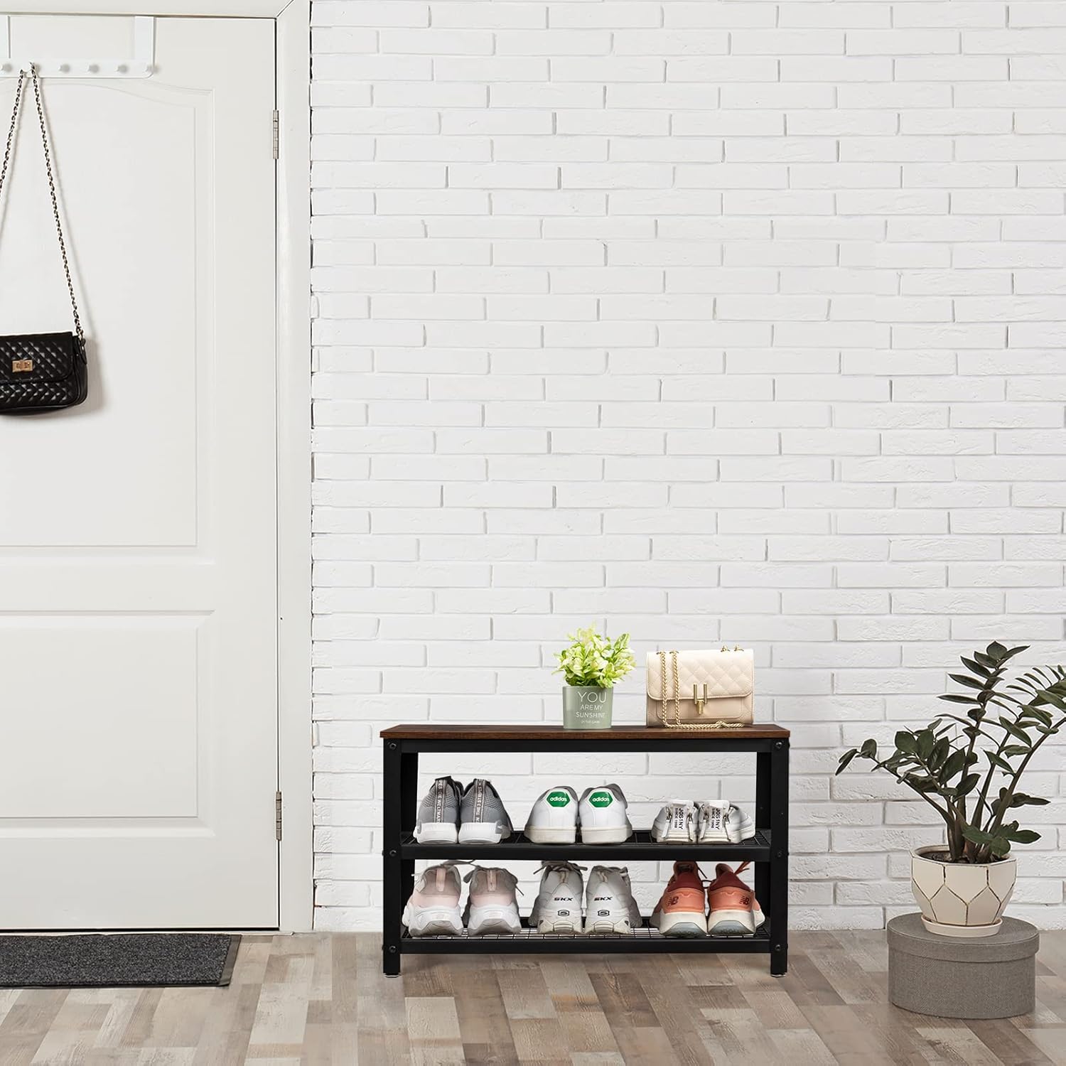 ALIMORDEN Industrial Shoe Rack 3 Tier Shoe Rack Bench Shoe Storage Organizer Entry Bench with MDF Top Board, Entryway Table for Hallway Living Room Closet Bedroom Brown