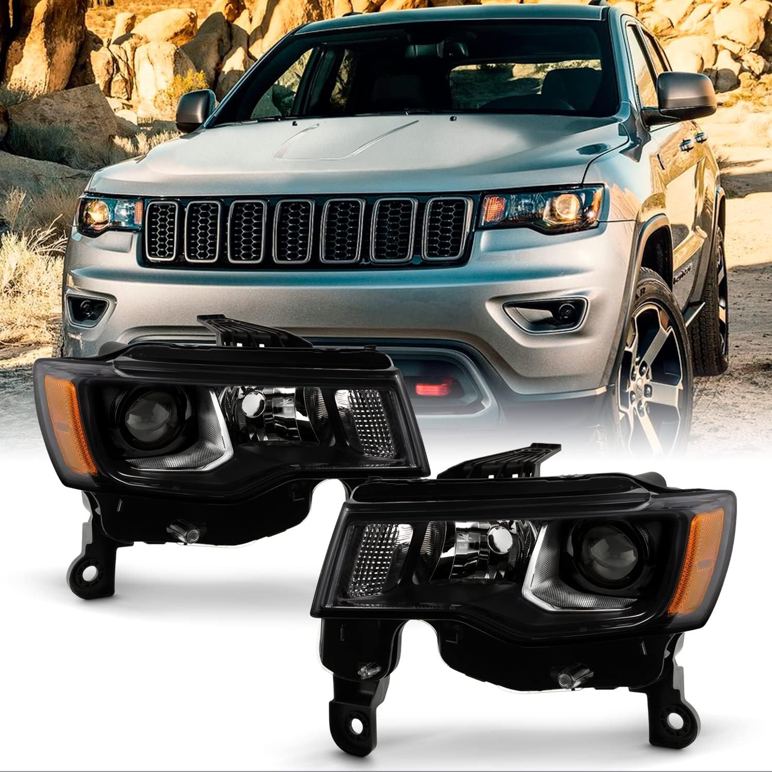 AKKON - Fits 2017-2021 Jeep Grand Cherokee SUV [Halogen Type] Projector Black Interior Headlights Pair Driver + Passenger