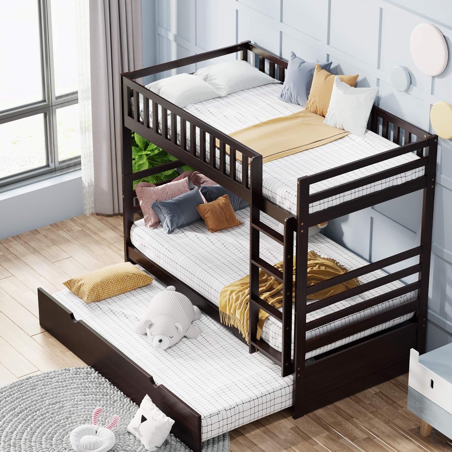 P PURLOVE Solid Wood Detachable Bunk Bed Twin Over Twin Bunk Bed with Trundle Storage Bed Frame with Three Storage Drawers with Safety Guard Rail for Living Room Bedroom