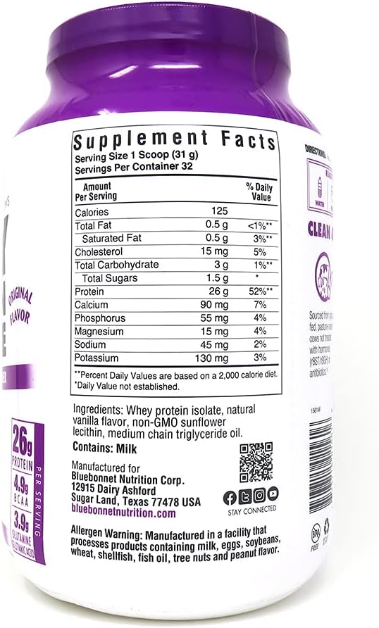 Bluebonnet Nutrition Whey Protein Isolate Powder, Whey from Grass Fed Cows, 26 Grams of Protein, No Sugar Added, Non GMO, Gluten Free, Soy Free, Kosher Dairy, 2.2 lbs, 32 Servings, Original Unflavored Pack of 2